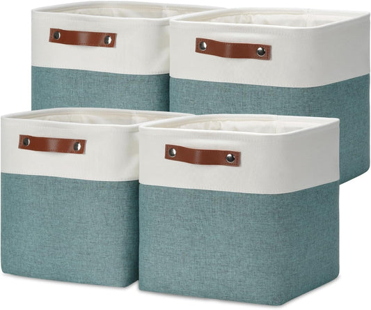 DULLEMELO 11x11 Cube Storage Bins for Organizer, Foldable Cube Storage Bins for Organizing Home Office Closet Shelves, Fabric Cube Baskets for Home Organization(4 Pack - White&Deep Green)