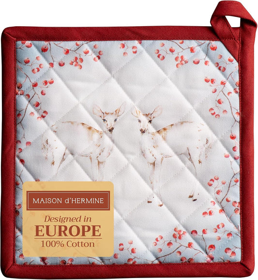 Maison d' Hermine Pot Holders 100% Cotton Heat Resistant Potholders 8" x 8" Hot Pads with Loop BBQ, Cooking, Baking, Grilling, Kitchen, Handling Hot Pans (Pack of 1, Fairytale Forest)