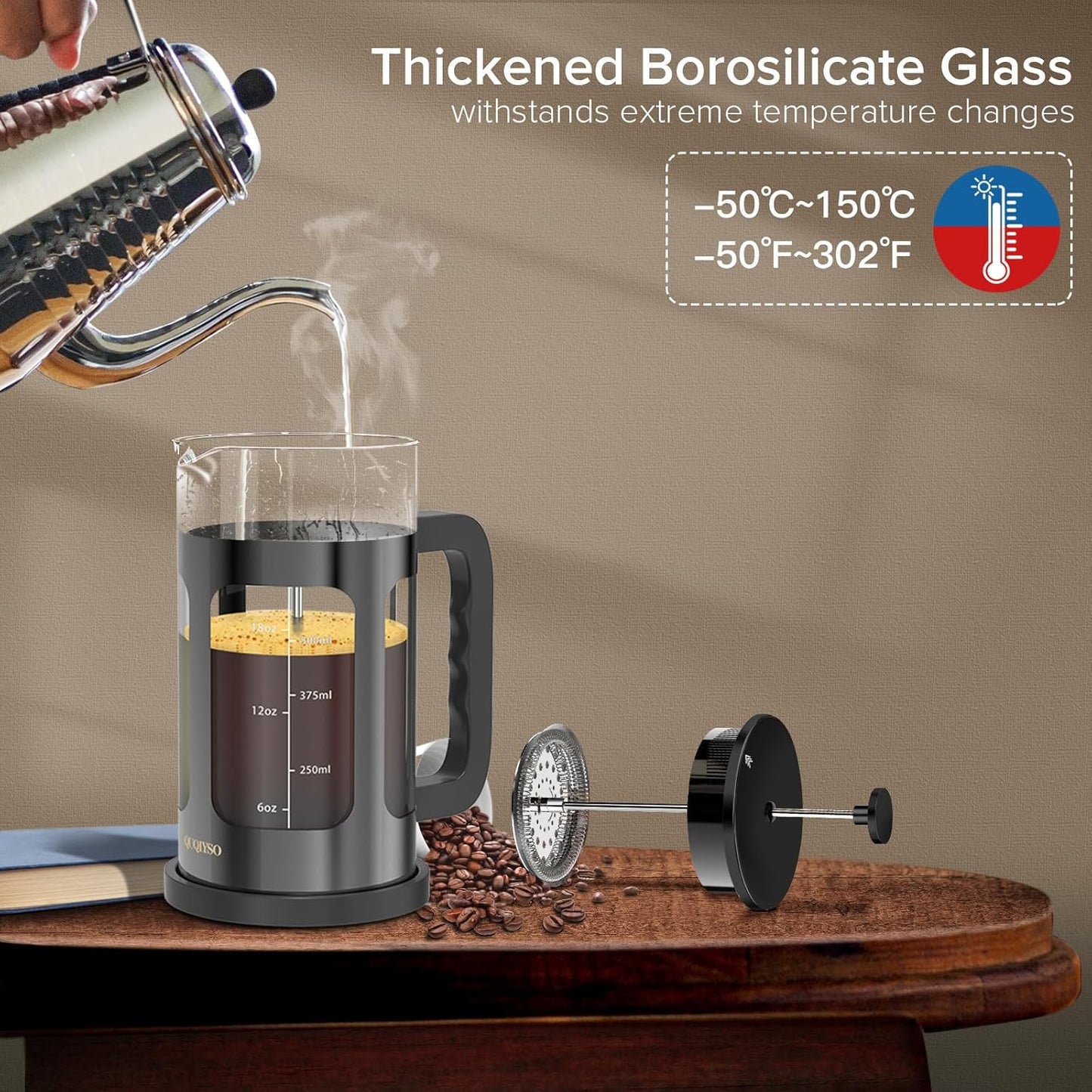 French Press Coffee Maker, French Press 304 Stainless Steel with 4 Filter, Heat Resistant Durable, Easy to Clean, Borosilicate Glass Coffee Press, 100% BPA Free Glass Teapot, 21 ounce, Dark Pewter