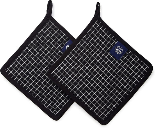 Encasa Homes 8 inches Oven Microwave Potholders (2 pc Set) for Kitchen Cooking & Baking - Heat Resistant, Thick & Safe, Protection of Hands from Hot Utensils - Butcher Checks Black