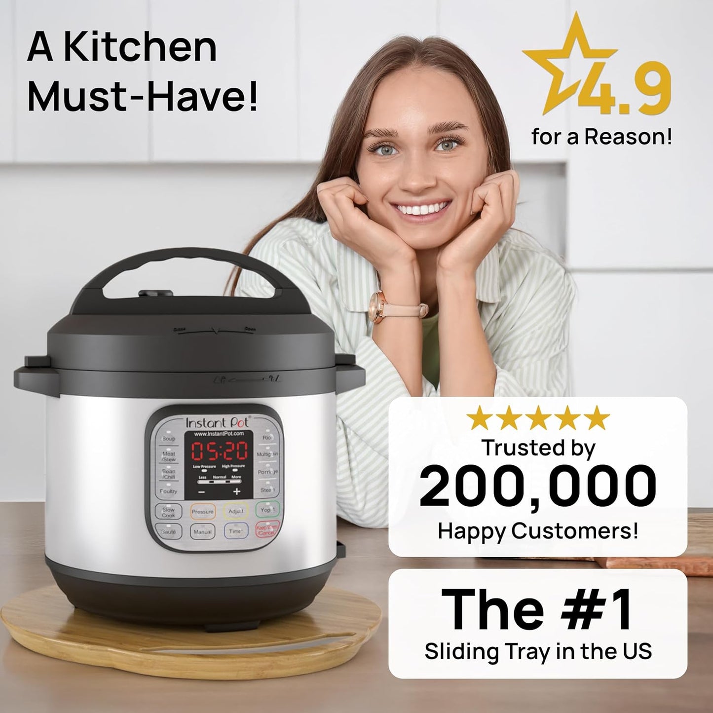 Ibyx Elegant Round Sliding Tray for Your Pressure Cooker, Air Fryer & Heavy Kitchen Appliances - Sturdy, Slides Easily from Under The Cabinet (Natural, 13”)