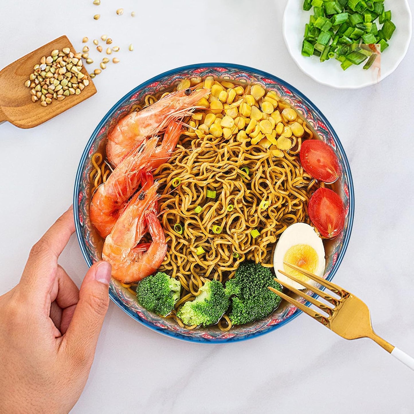 75 Oz Serving Bowls,Bohemian Style Large Porcelain Dishes for Entertaining Parties,Big Bowls for Eating Soup, Salad, Pasta, Fruit, Chips, 10.3 Inch Diameter (blue.red)