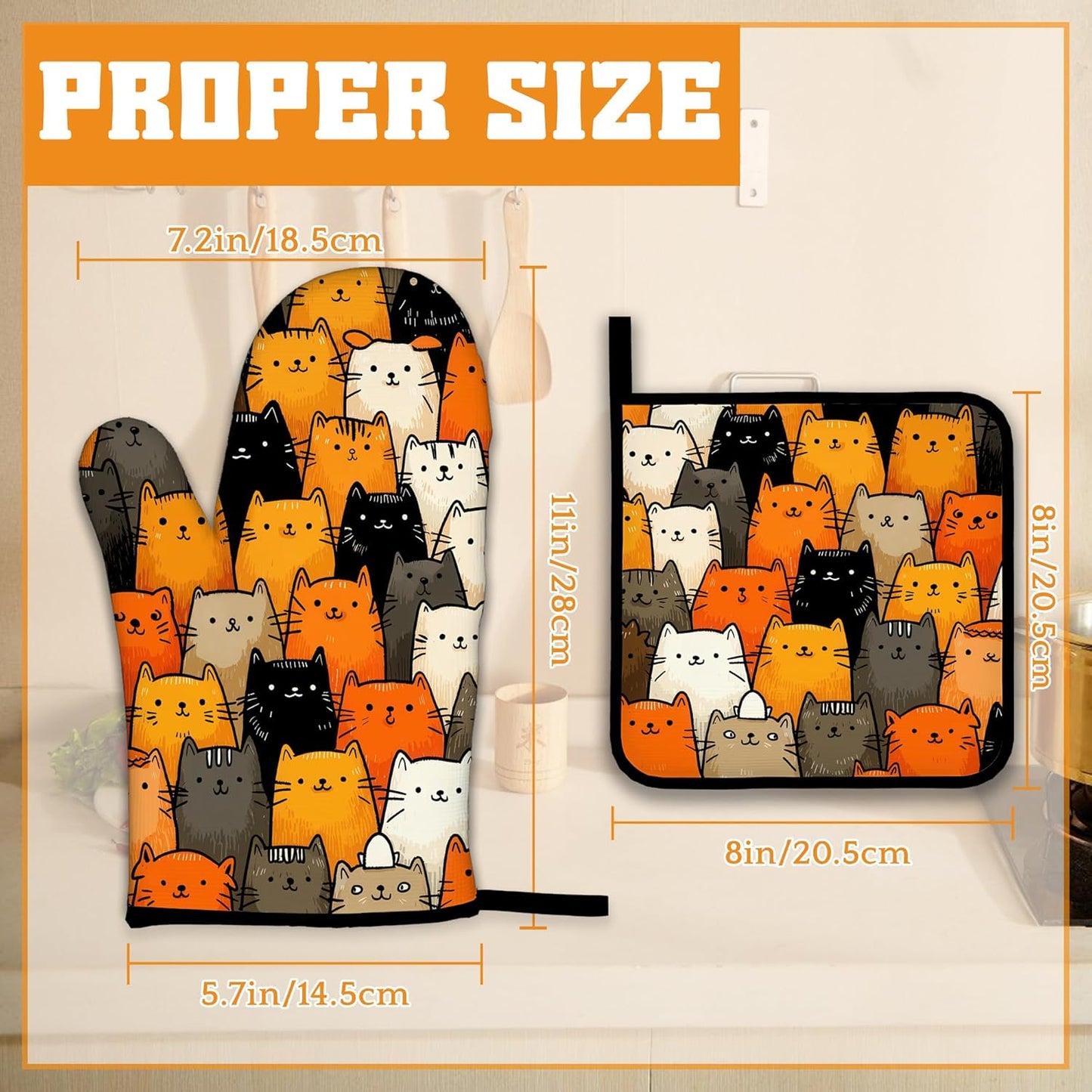 Funny Cute Cat Oven Mitts and Pot Holders Set,Kitchen Decor Heat Resistant Non Slip Hot Pads and Oven Mitt for Chef Cooking Baking BBQ Mom Girl Gifts(4 Piece Set)