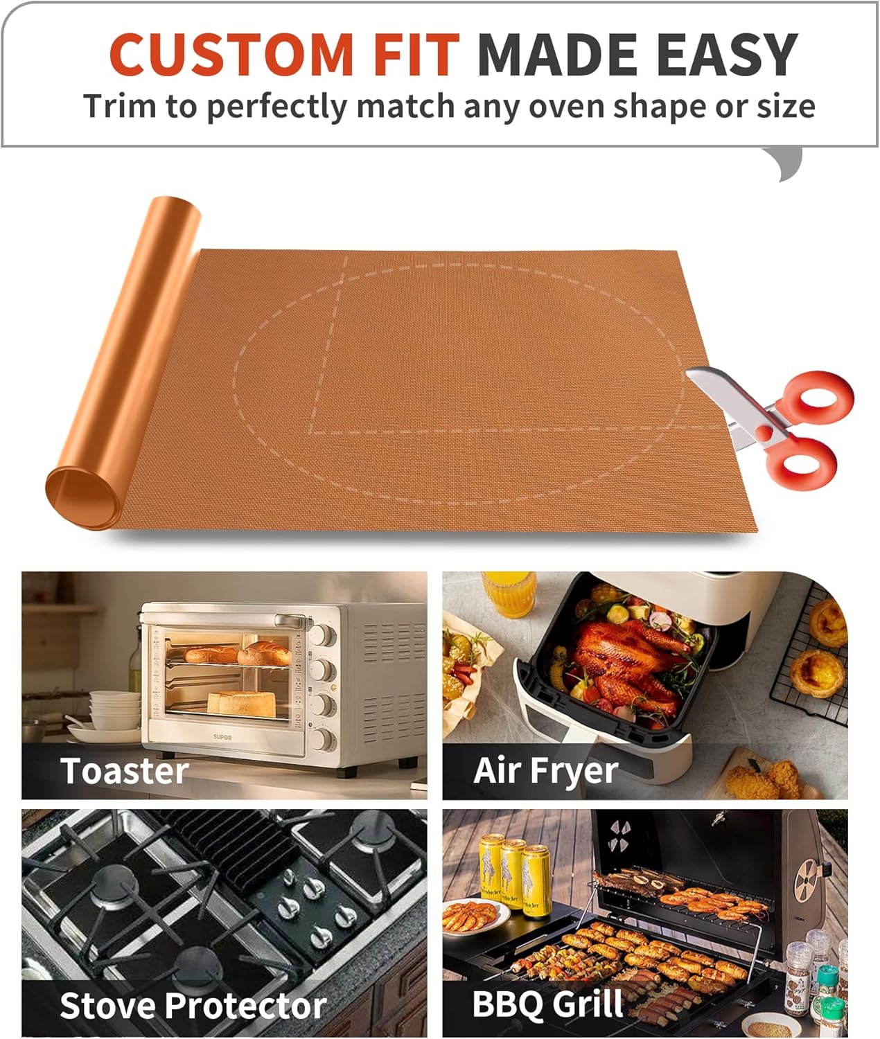 3 Pack Oven Liners for Bottom of Oven, 17x25" Large Heavy Duty Non-Stick Reusable Oven Mat for Electric, Gas, Toaster & Convection Ovens - BPA & PFOA Free, Dishwasher Safe, Kitchen Essentials, Copper