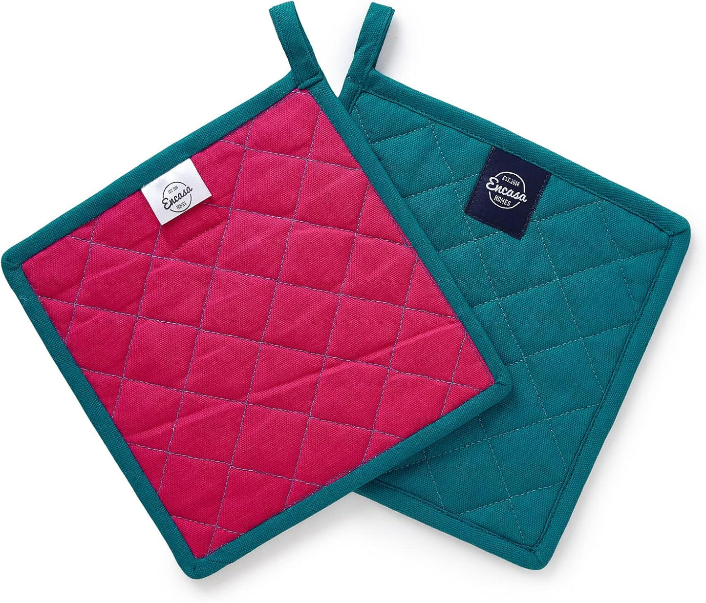 Encasa XO Heat Resistant Cotton Pot Holders with Hanging Loop - Set of 2 - Azul Blue - Multipurpose Quilted Everyday Hot Pad for Kitchen, Camping, BBQ & Microwave - 8x8 in