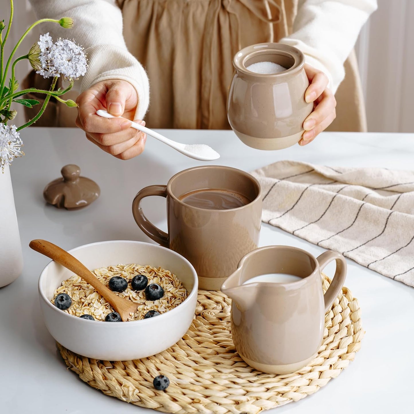 famiware Milkyway Ceramic Sugar and Creamer Set, 10oz Sugar Bowl & 13oz Creamer Set – Stoneware Milk Pitcher & Sugar Dispenser for Coffee Bar, Kitchen, Countertop, Coffee Serving Set, Cinnamon Brown