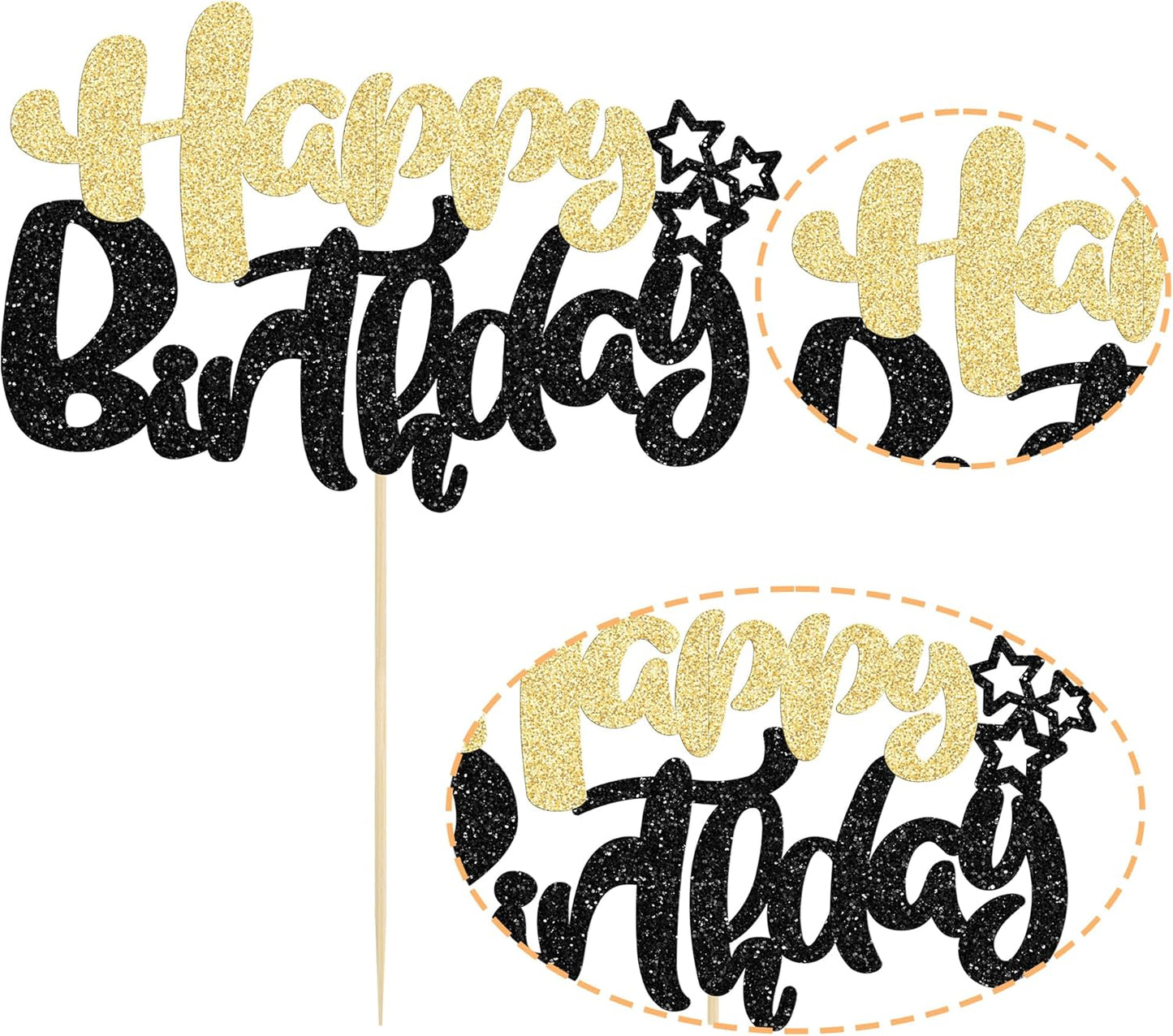 Ephlyn 1Pcs Happy Birthday Cake Topper Glitter Cake Pick for Celebrating Anniversary Theme Party Cake Decorations Supplies Black Gold