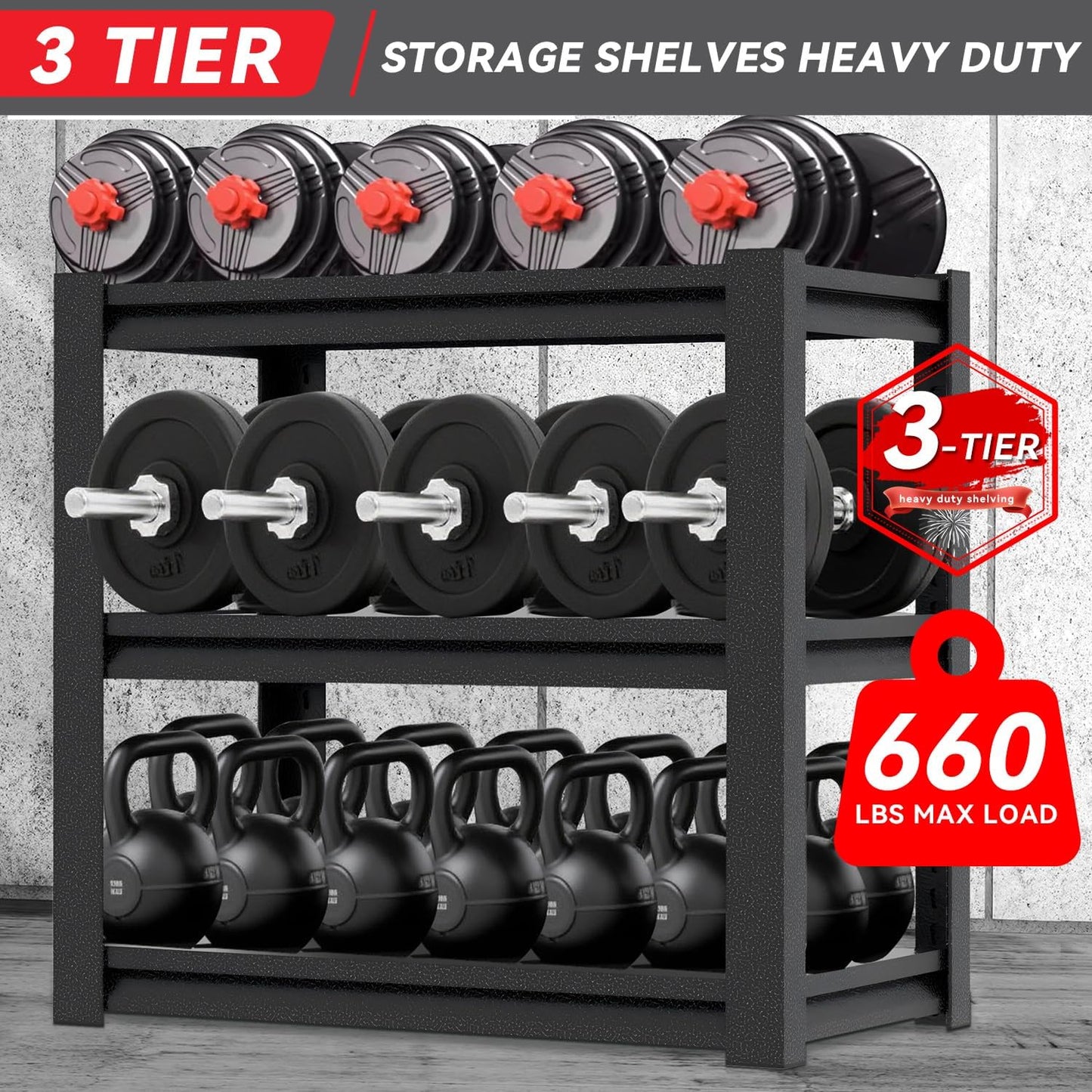 3-Shelf Metal Storage Shelves, 660 lbs Garage Shelving Unit, Heavy Duty Storage Rack, Adjustable Industrial Shelving, 34" W x 18" D x 31.5" H for Kitchen Pantry Basement, Black