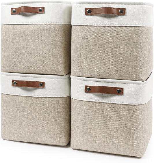 Collapsible Fabric Storage Cubes 11x11 Cube Storage Bins, 4 Pack Closet Baskets Box with Handles for Organizing, Shelf, Toys, Clothes, Home, Office, Nursery (Beige&White)