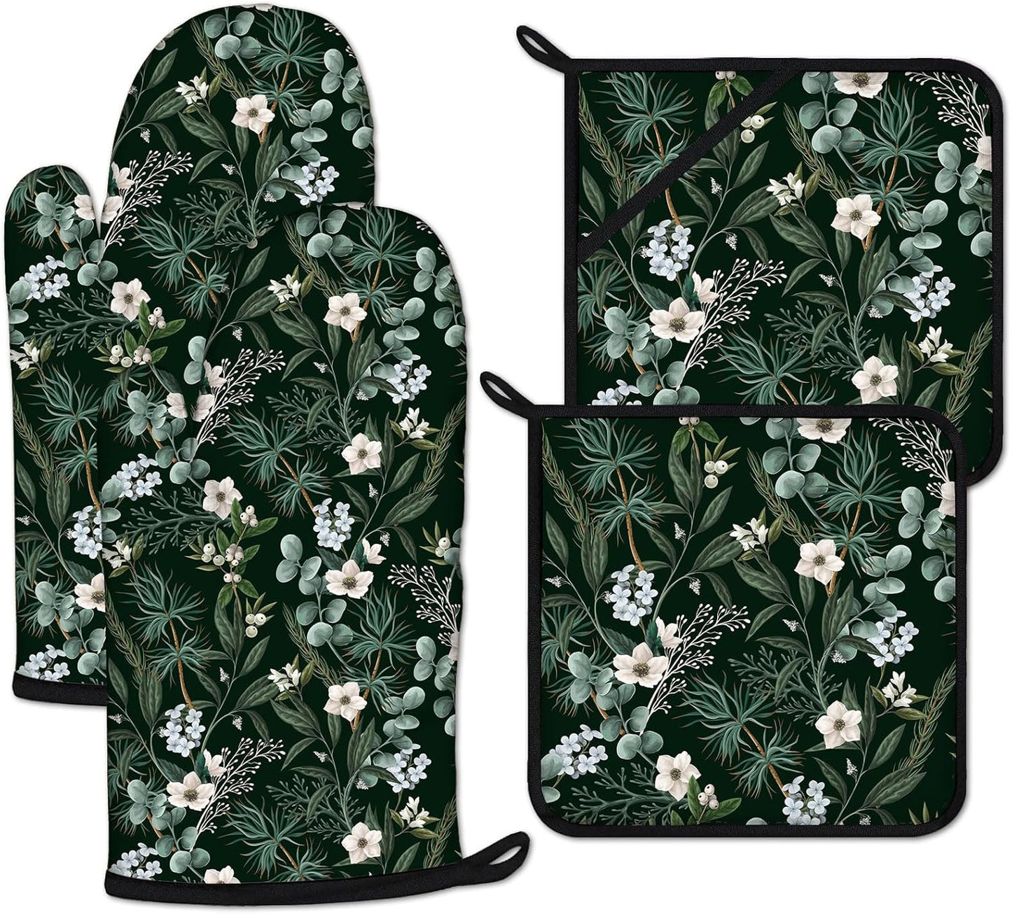Botanical Print FloralOven Mitts and Pot Holders Sets Heat Resistant 4Pcs Potholders Oven Gloves Hot Pads for Kitchen Baking Cooking Grilling BBQ