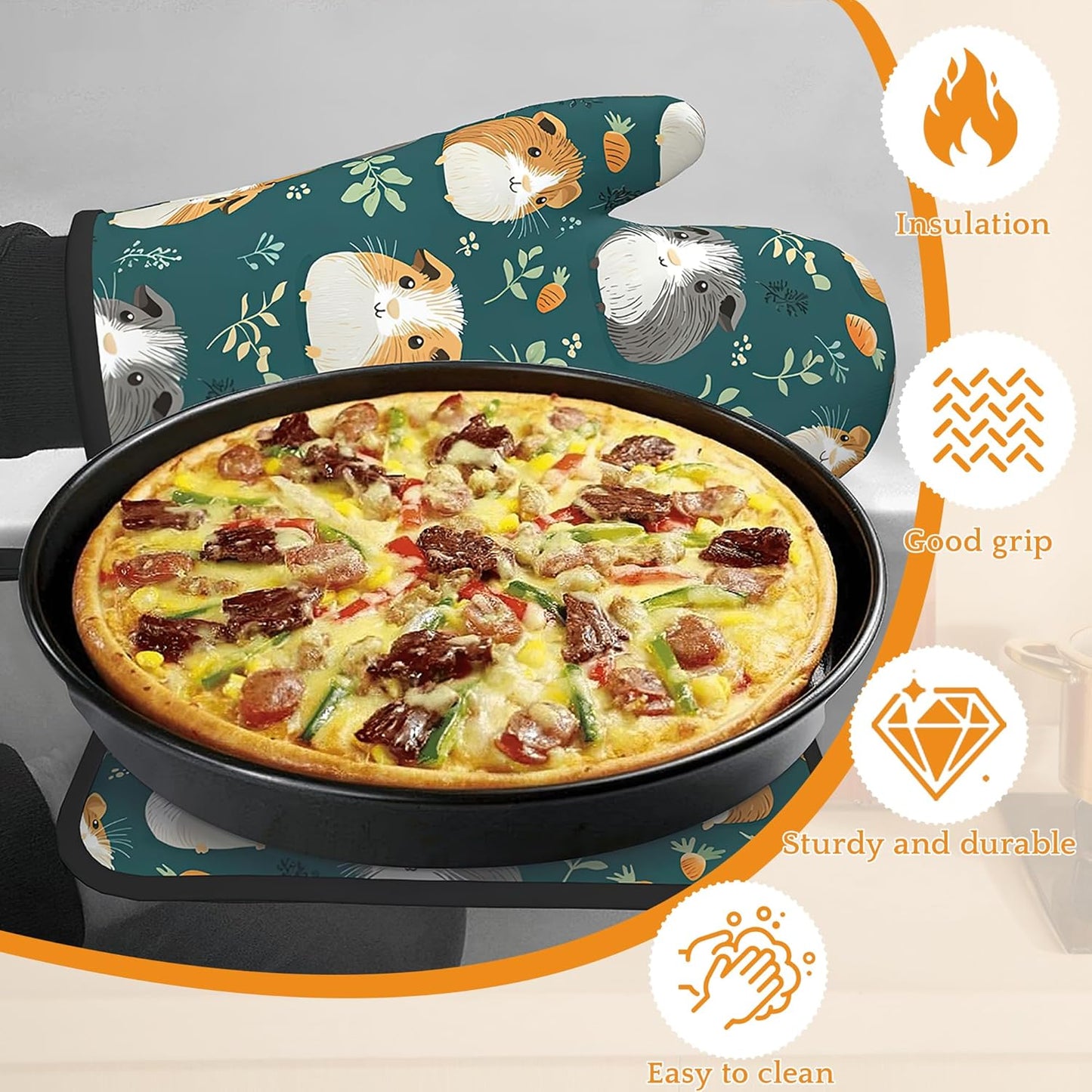 Cute Guinea Pig Oven Mitts and Pot Holders,Heat Resistant Oven Mitts Gloves and Pot Holder for Home Kitchen Decorations Cooking Baking BBQ Gifts,Set of 4