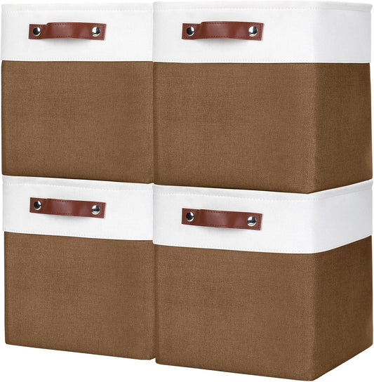 Collapsible Fabric Storage Cubes 11x11 Cube Storage Bins, 4 Pack Closet Baskets Box with Handles for Organizing, Shelf, Toys, Clothes, Home, Office, Nursery (Brown&White)
