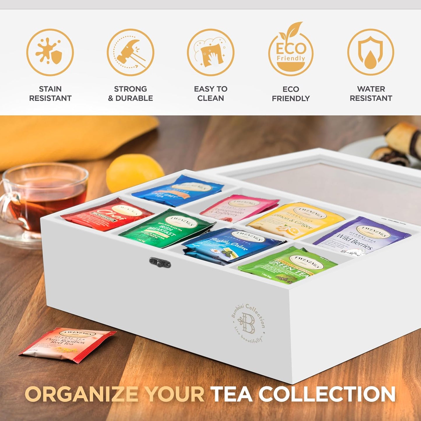 Bambüsi Tea Bag Organizer - Bamboo Tea Box Organizer Storage Box, Tea Bag Holder with Acrylic Window, Magnetic Lid Keeps Tea Bags Fresh - Tea Organizer Caddy (Tea Not Included) Christmas Gift - White