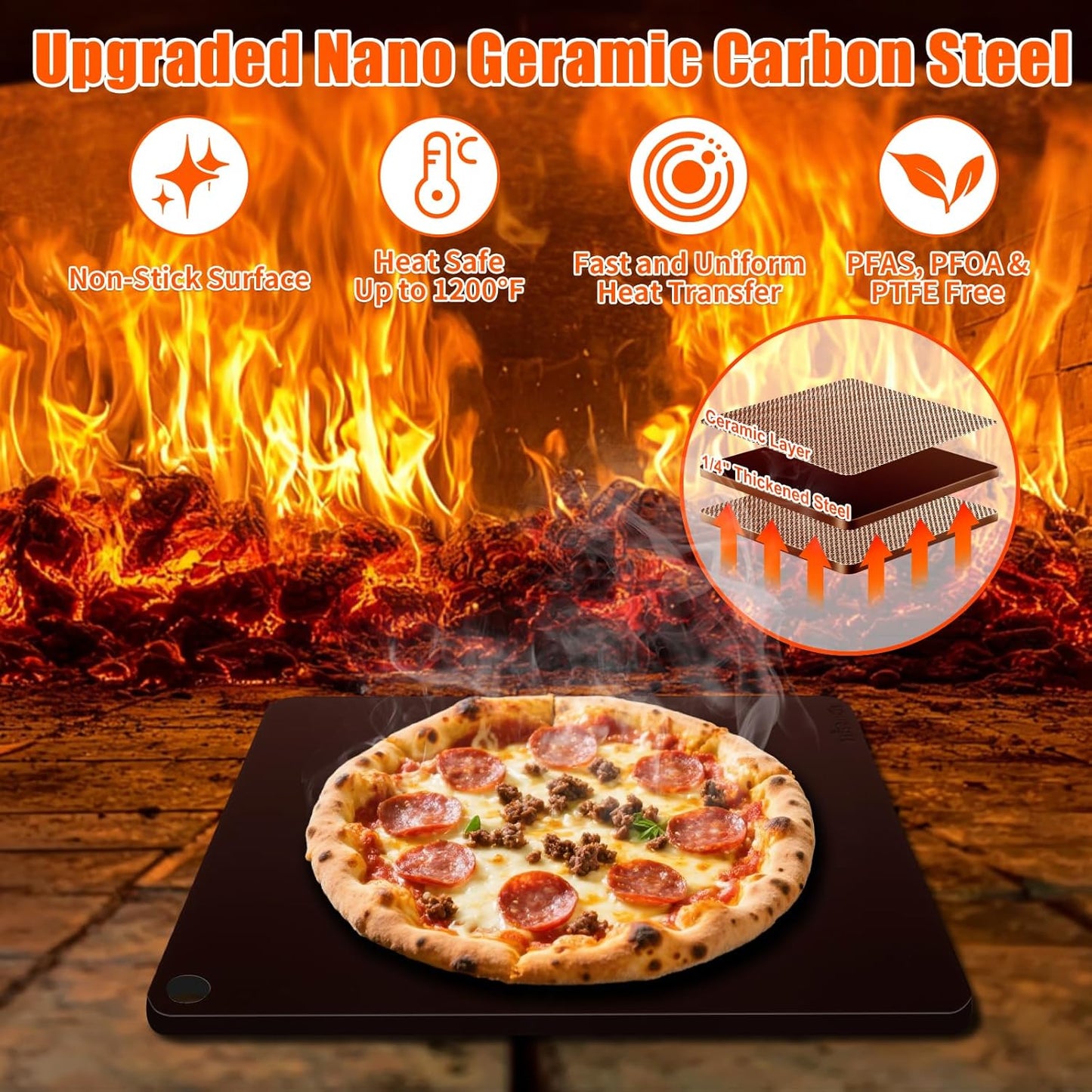 Hisencn Pizza Steel for Oven & Grill – 16"x13.4" Ceramic Baking Steel Pizza Stone Set with Pizza Peel, Cutter & Dough Scraper – High Conductivity for Crispy Crust, Indoor & Outdoor Use