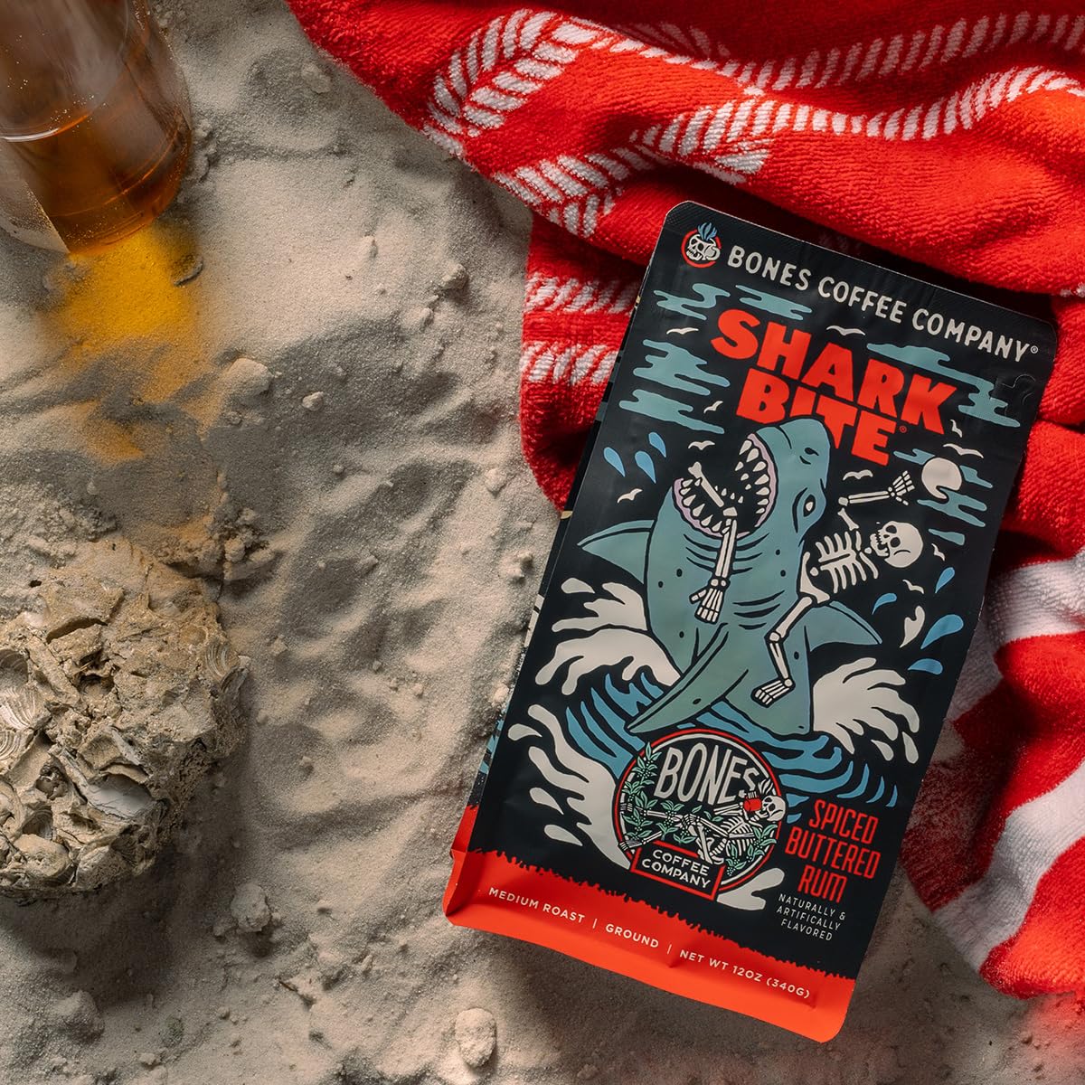 Bones Coffee Company Shark Bite, Buttered Rum Flavored Coffee, Medium Roast Low Acid Arabica Beans Compatible with Auto drip and French Press Coffee Maker, 12 Oz Whole Bean