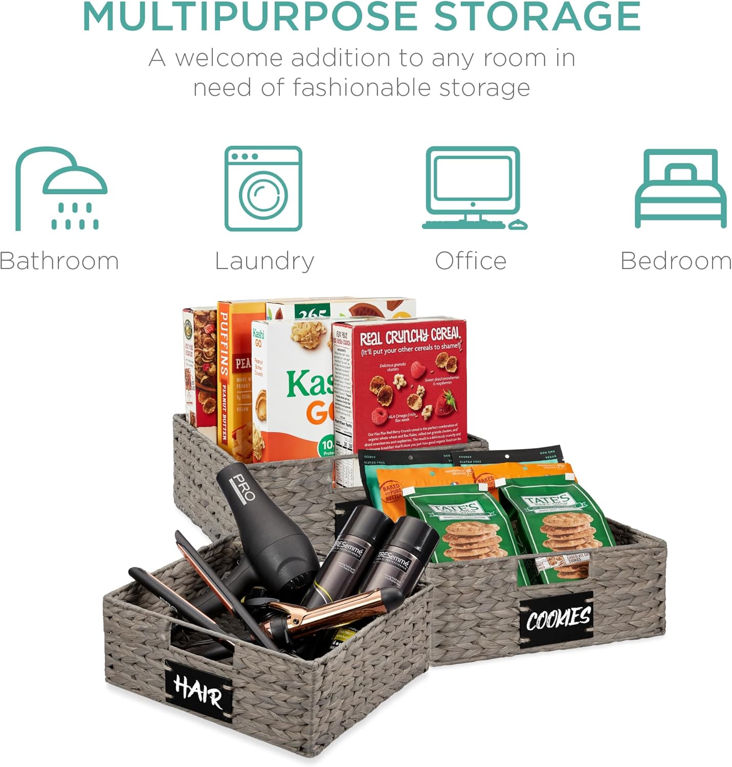 Best Choice Products Set of 4 13x12in Water Hyacinth Pantry Baskets, Woven Organizers w/Chalkboard Label, Chalk Marker - Gray