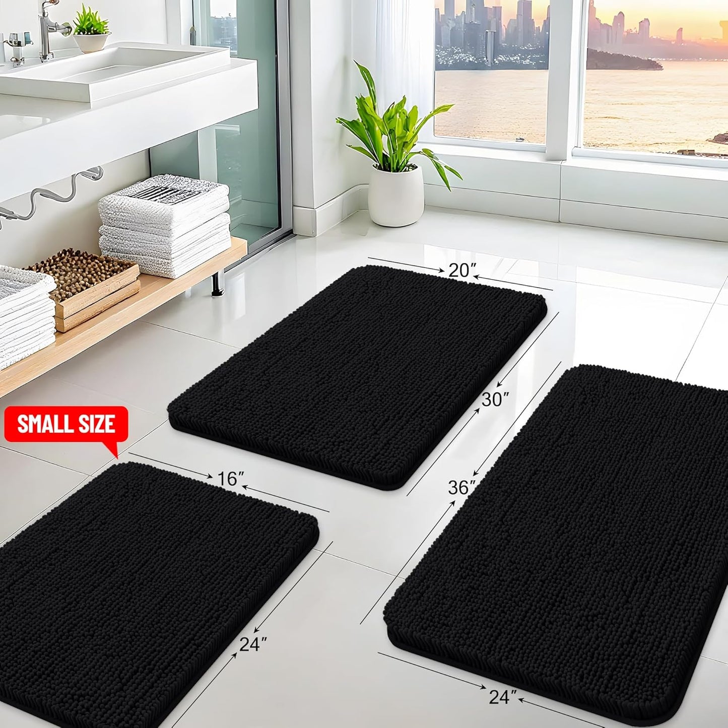 Arotive Bathroom Rugs 36x24, Extra Soft Absorbent Shaggy Chenille Bath Rugs, Machine Washable Rubber Backing Non-Slip Bath Mats for Bathroom Floor Tub and Shower, Home Decor Accessories, Black