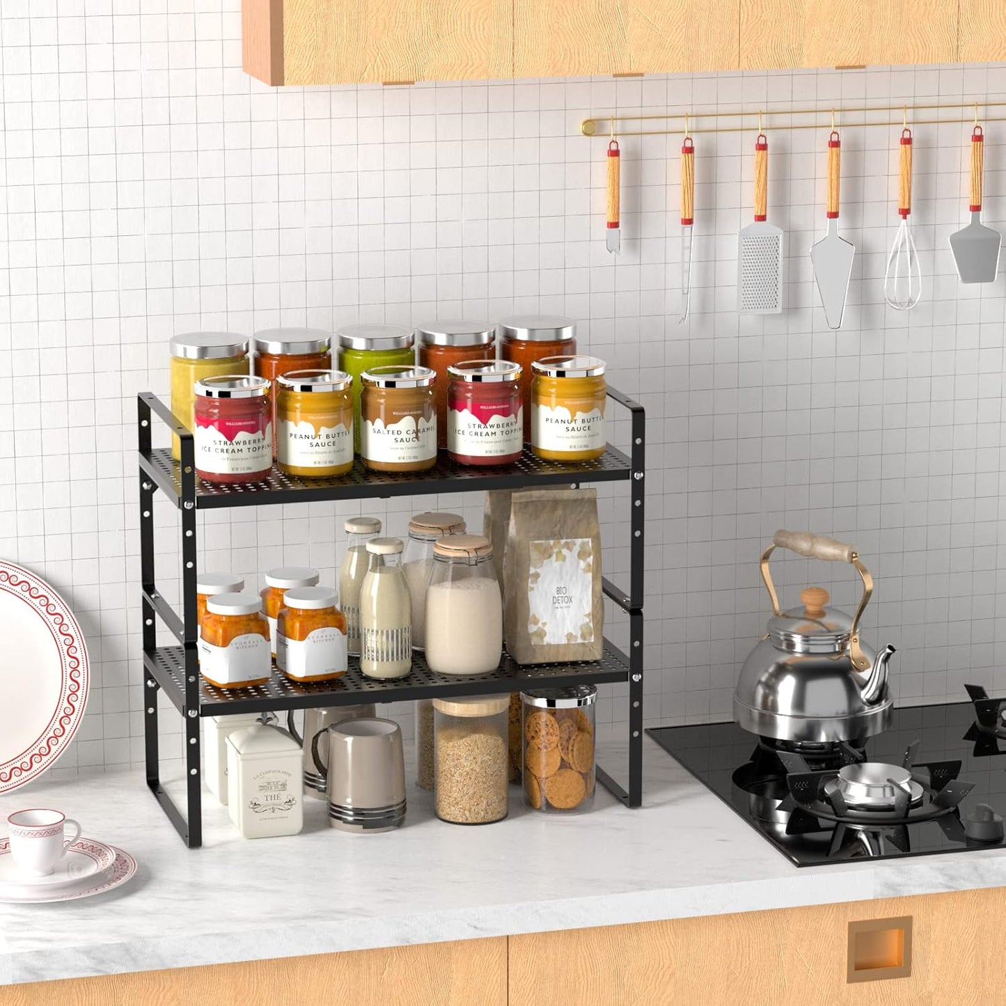 iPEGTOP Large Expandable Cabinet Storage Shelf Organizer Rack, Heavy Duty Stackable Steel Metal Spice Rack Adjustable Height Office Pantry Garage Shelves for Counter Kitchen, Black - 1 Pack