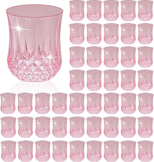 48 PCS Pink Stemless Wine Glasses，Colored Plastic Reusable Cups 9OZ Vintage Drinking Glasses Tumblers for Whisky, Beer, Juice, Beverages, Cocktai
