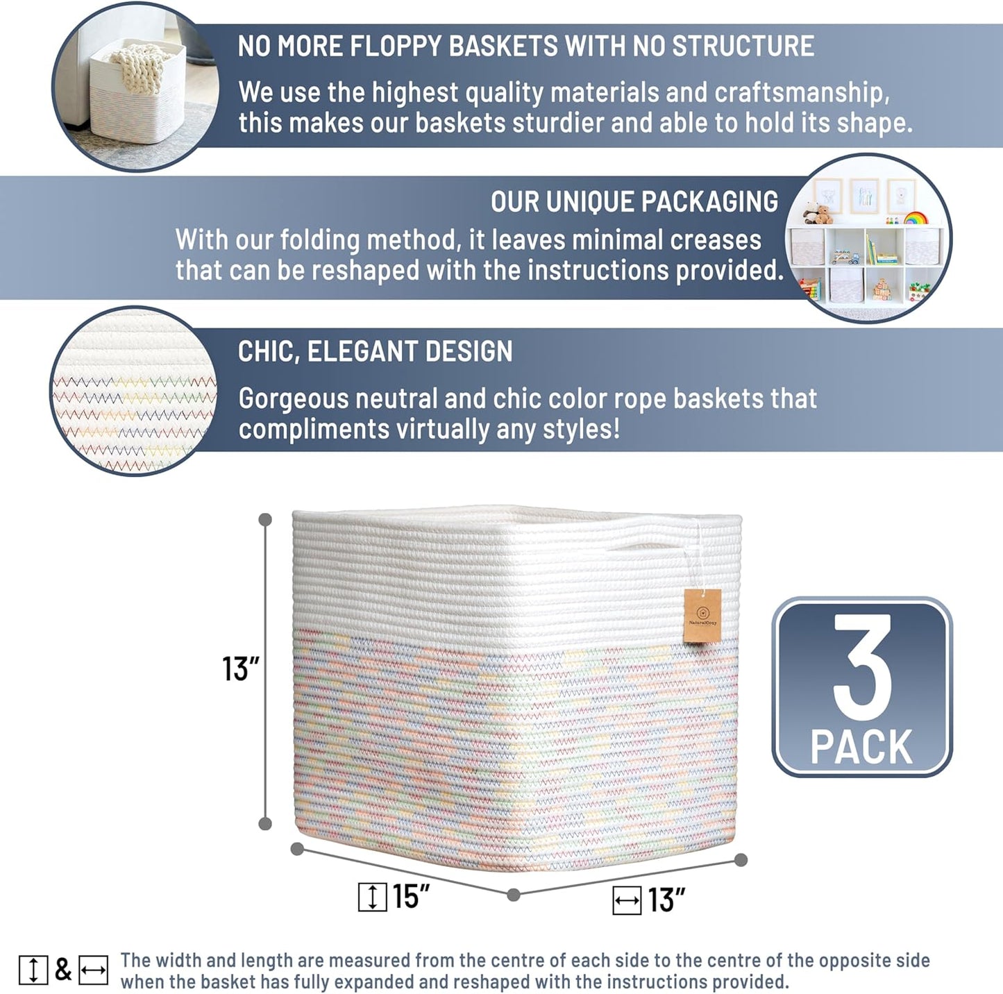 NaturalCozy 13x15x13 Kallax Storage Cubes Bins, 3 Pack | Cotton Rope Cube Storage Bin Woven Baskets for Organizing | Kallax Insert Storage Baskets for Shelves Organizer, Kids Toy, Closet Baby Nursery