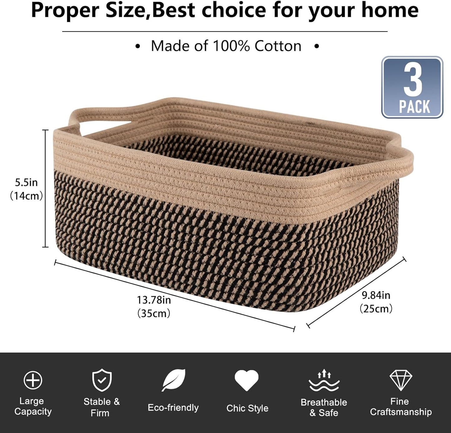 OIAHOMY 3 Pack Storage Baskets for Organizing, Woven Cotton Rope Basket for Shelves, Closet Organizer Bins with Handles, Rectangle Toy Organization, 13.78''×9.84''×5.5'', Brown & Black