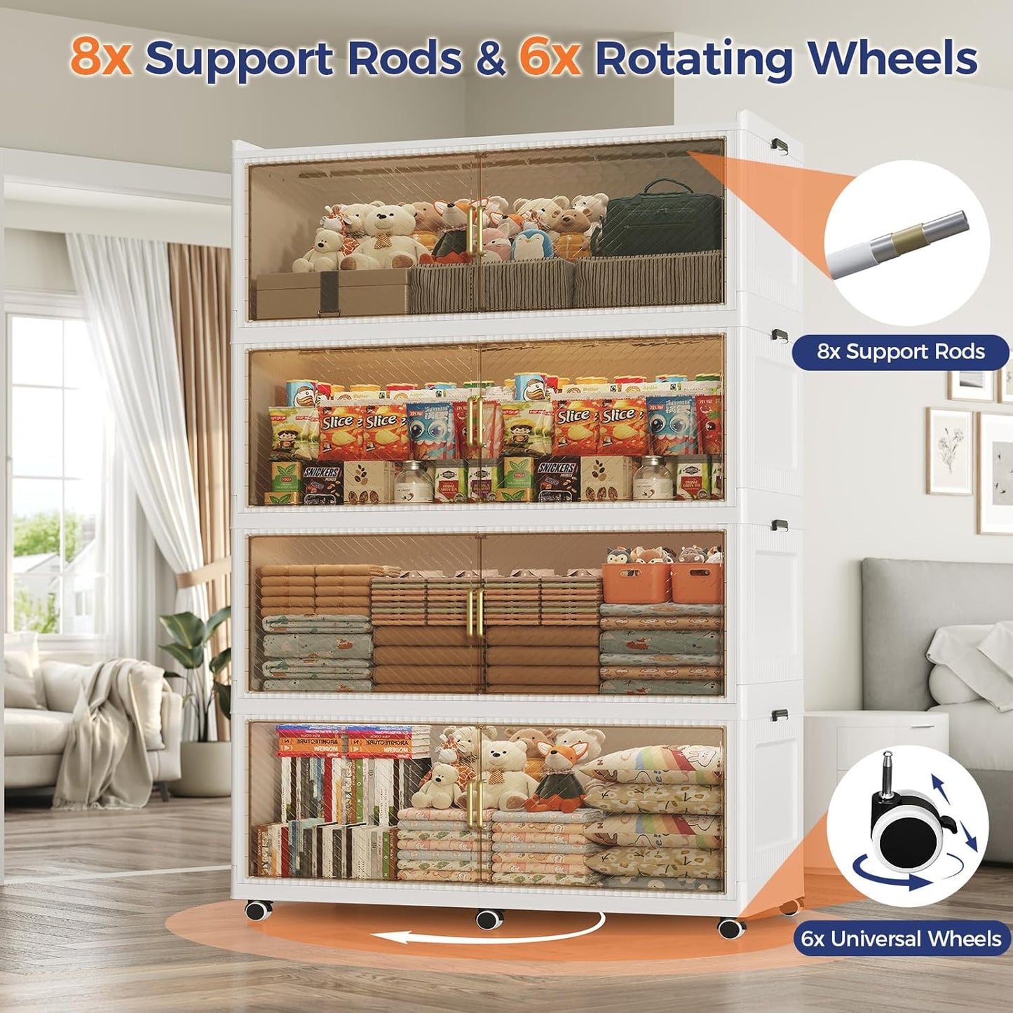 150GAL Extra Large Storage Bins with Lid, 600QT Plastic Stackable Storage Bins with 6x Wheels, Collapsible Closet Organizer and Storage Drawer Cabinet for Living Room Office Dorm, 3Pack White