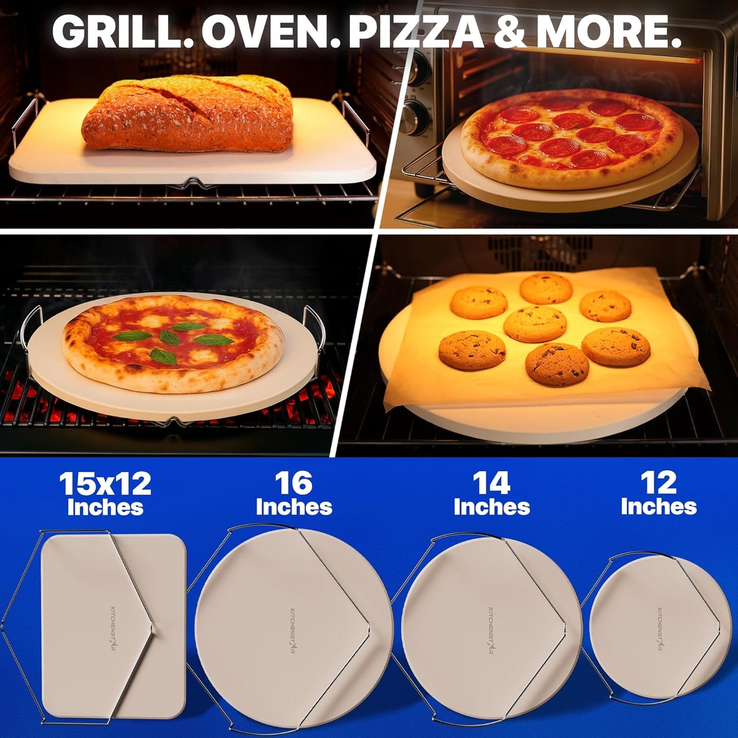 KitchenStar 14-inch Pizza Stone for Oven and BBQ Grill with Handles, Round, 5/8" Thick - Natural Cordierite, 1800 °F Resistant, Baking Stone Set with Stainless Steel Rack & Plastic Scraper Tool