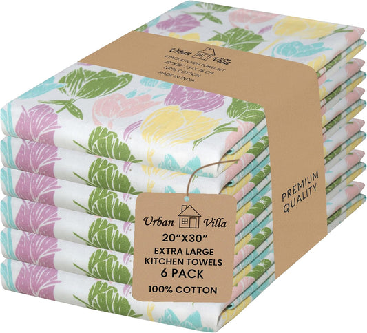 Urban Villa Collection Kitchen Towels Tulip Flowers Multi Color Premium Quality,100% Cotton Dish Towels, Mitered Corners,(Size: 20X30 Inch), Highly Absorbent Bar &Tea Towels - (Set of 6)