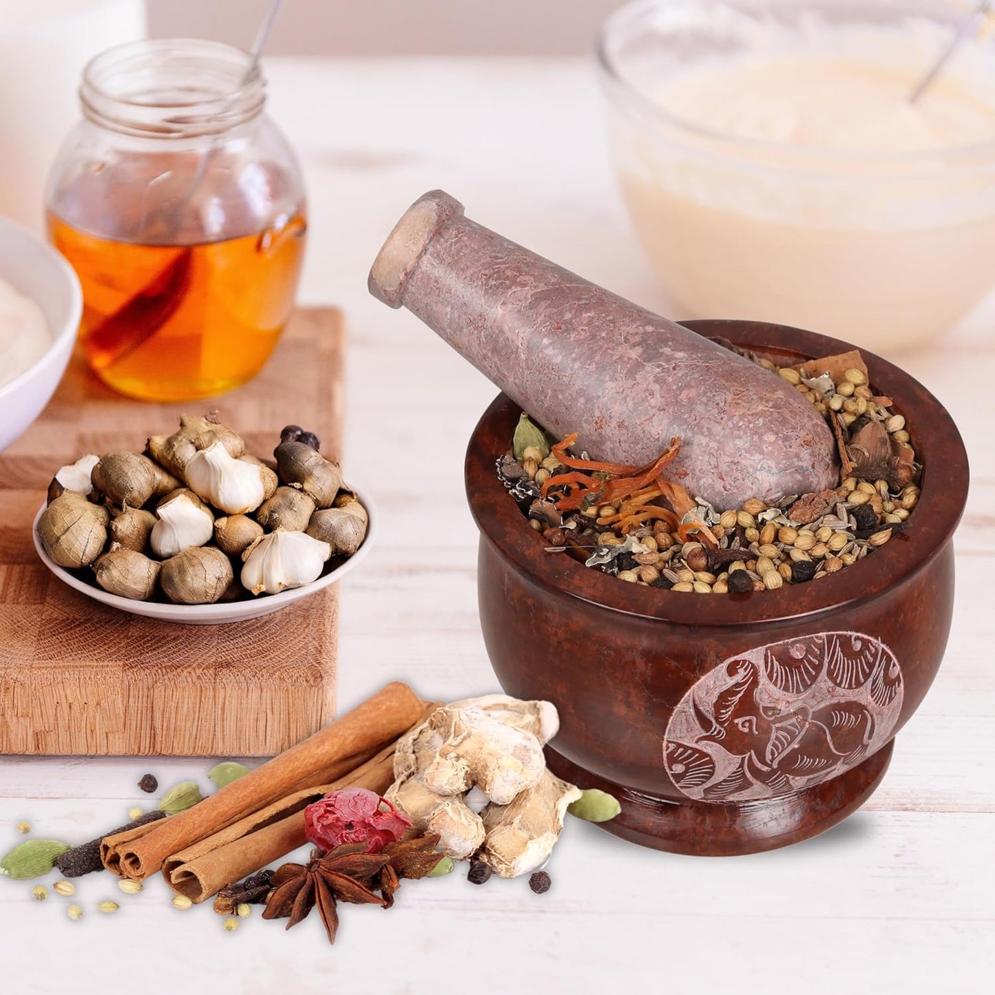 Mortar and Pestle, Made of Heavy Duty Polished Hard Stone, Natural Stone Grinder for Spices, Pastes, Herbs, Seasoning etc. (Brown Elephant)