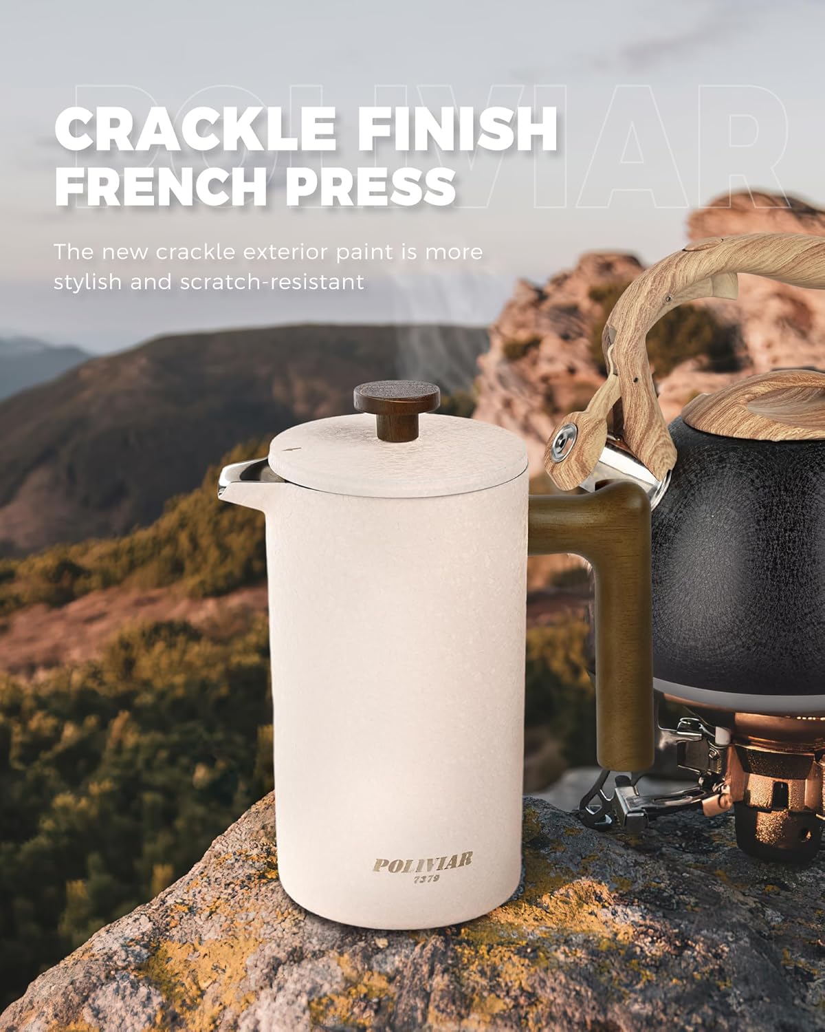 POLIVIAR French Press Coffee Maker, 34 Ounce Coffee Press with Real Wood Handle, Double Wall Insulation & Dual-Filter Screen, Food Grade Stainless Steel for Good Coffee and Tea JX2023-FPLM