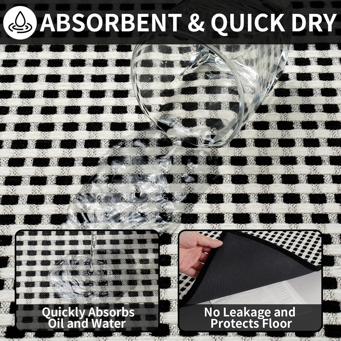 Long Kitchen Runner Rugs Kitchen Mat Non Slip Washable, Super Absorbent Soft Chenille Braided Kitchen Mats for Floor, Rubber Backing Kitchen Floor Sink Standing Mat, Easy Clean, Black 24"x71"