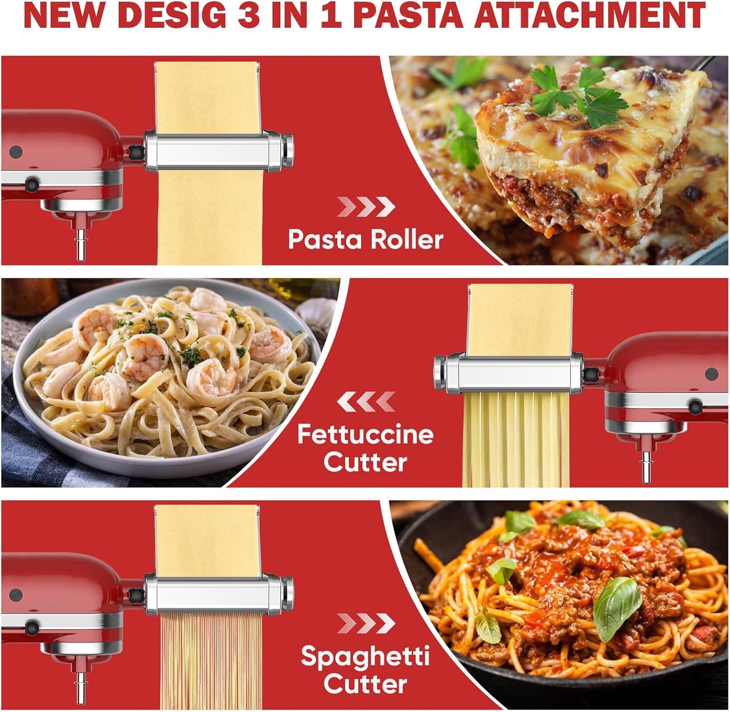 3 in 1 Pasta Attachment for Kitchenaid Stand Mixer, All Metal Pasta Maker Kitchenaid Attachment, Pasta Sheet Roller, Spaghetti Cutter, Fettuccine Cutter Maker Accessories and Cleaning Brush by Gvode