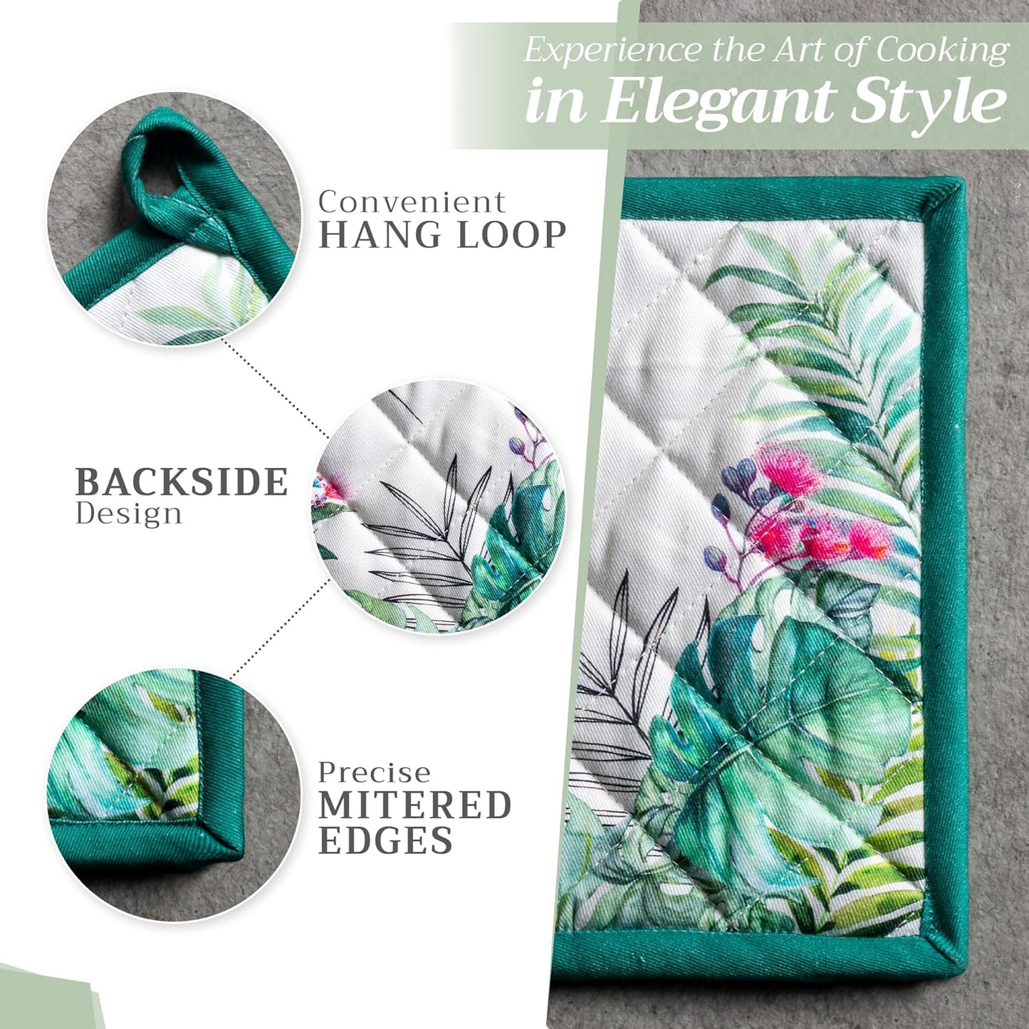 Maison d' Hermine Pot Holders 100% Cotton Heat Resistant Potholders 8" x 8" Hot Pads with Loop BBQ, Cooking, Baking, Grilling, Kitchen, Handling Hot Pans Spring/Summer (Pack of 1, Tropiques)