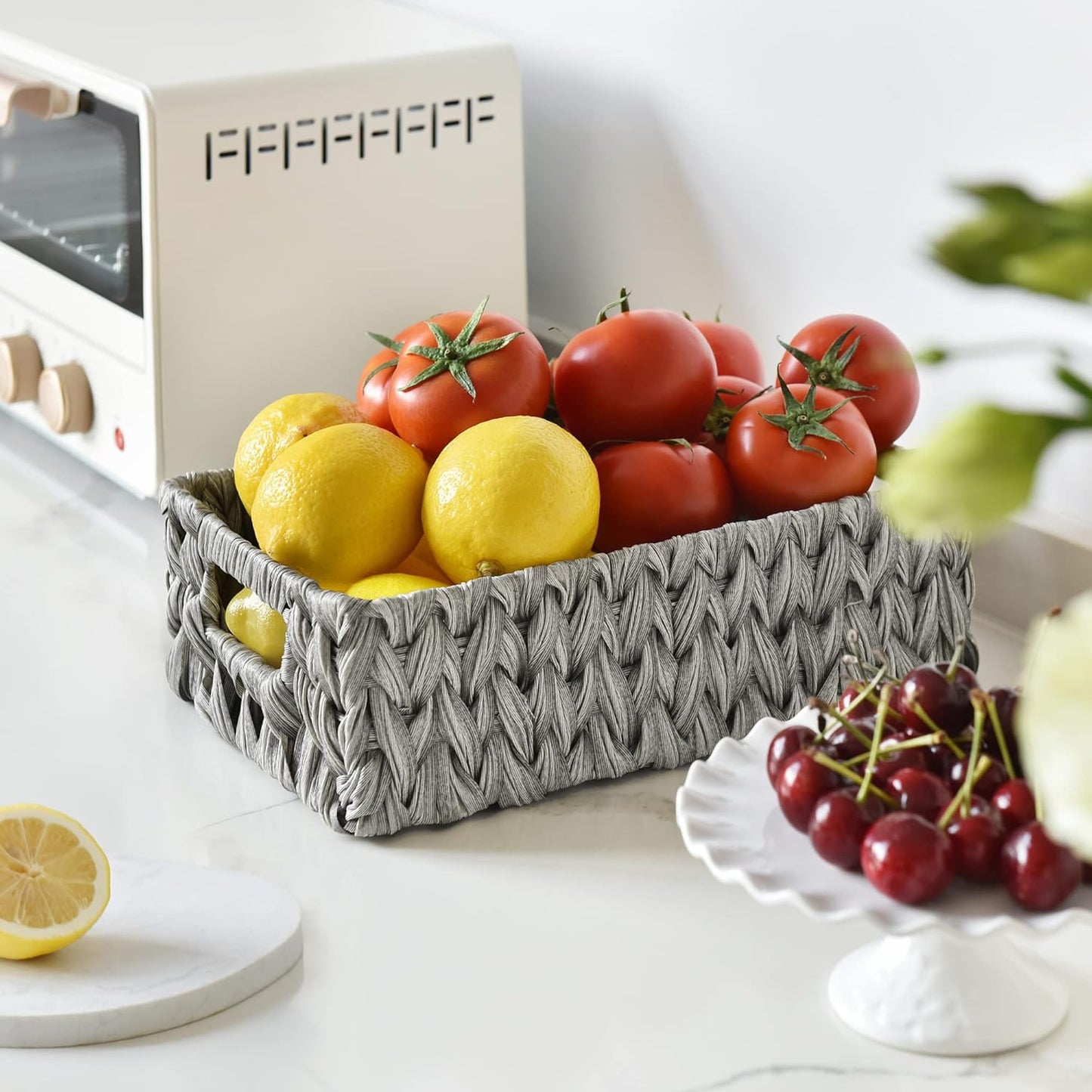 GRANNY SAYS Wicker Baskets for Storage, Waterproof Rattan Storage Baskets, Odorless Wicker Basket with Handles, Decorative Storage Containers, Gray Basket for Pantry Storage, 2-Pack