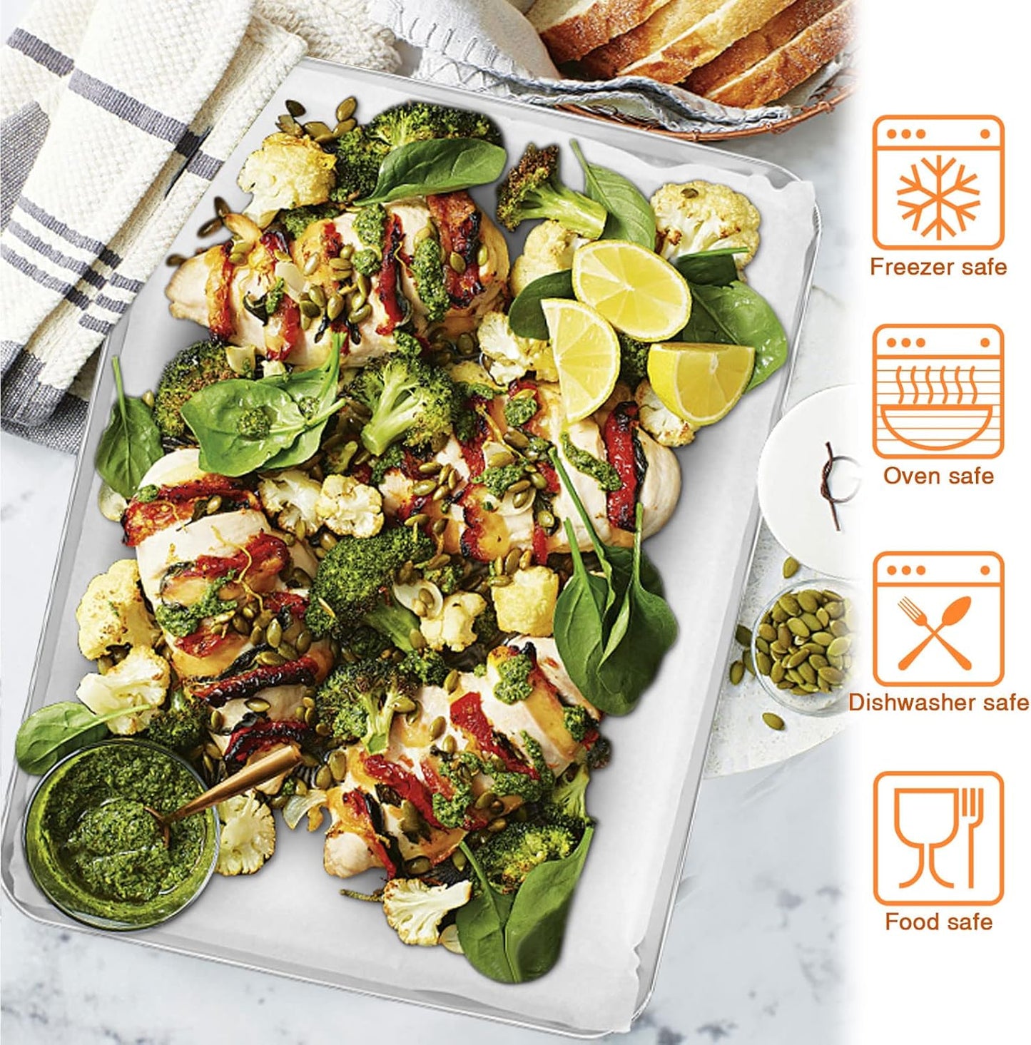 Large Baking Sheet, E-far 18”x13” Stainless Steel Cookie Sheet Pan for Oven with 50 Parchment Paper, Rectangle Metal Baking Tray for Roasting, Rust Free & Heavy Duty, Dishwasher Safe-2 Pack