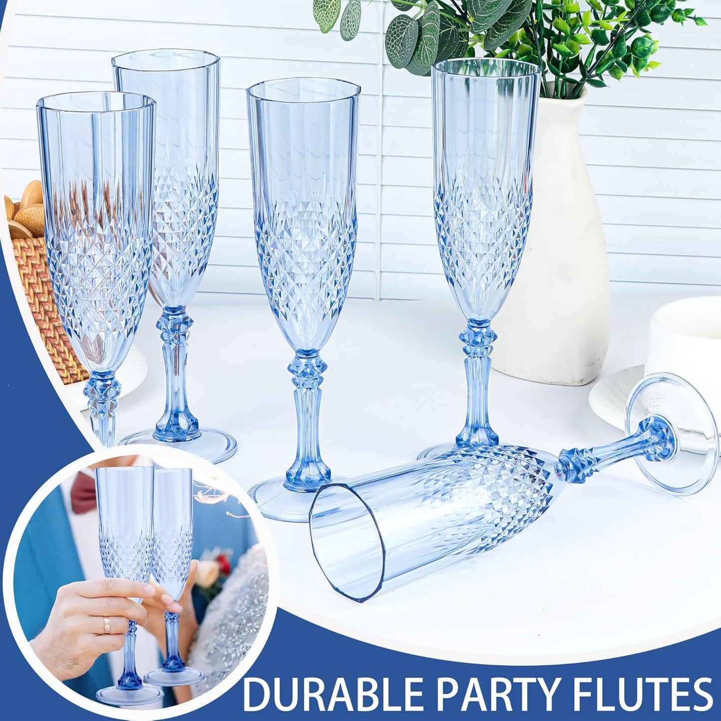 Plastic Champagne Flutes, 12PCS Blue Plastic Wine Glasses Goblets Reusable Champagne Flute for Weddings, Bachelor Parties, Toasting, and Events (12, Blue)