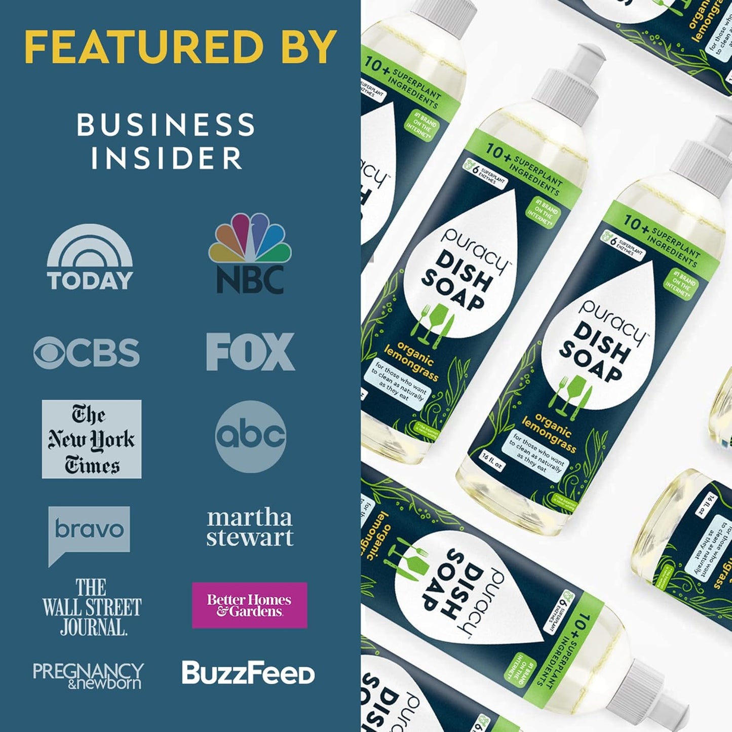 Puracy Natural Dish Soap Packs - Skin-Softening Plant-Based Dishwashing Soap, Non-Toxic Dish Soap, Organic Liquid Dishwashing Detergent Soap (Organic Lemongrass, 16 fl oz, 3 Pack)