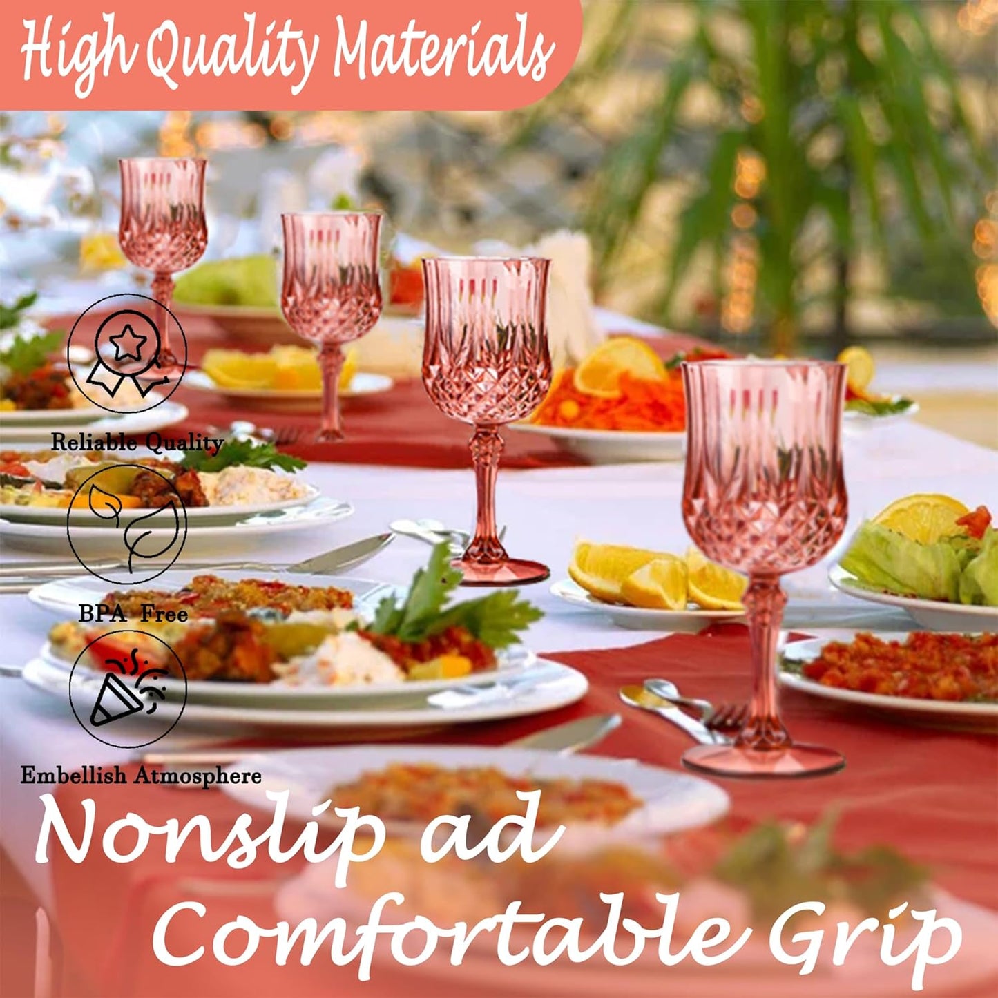 Plastic Wine Glasses，Plastic Goblets Vintage Style Cordial Drinking Glasses for Wedding Reception, Grand Event Party Supplies (24, Rose Gold)