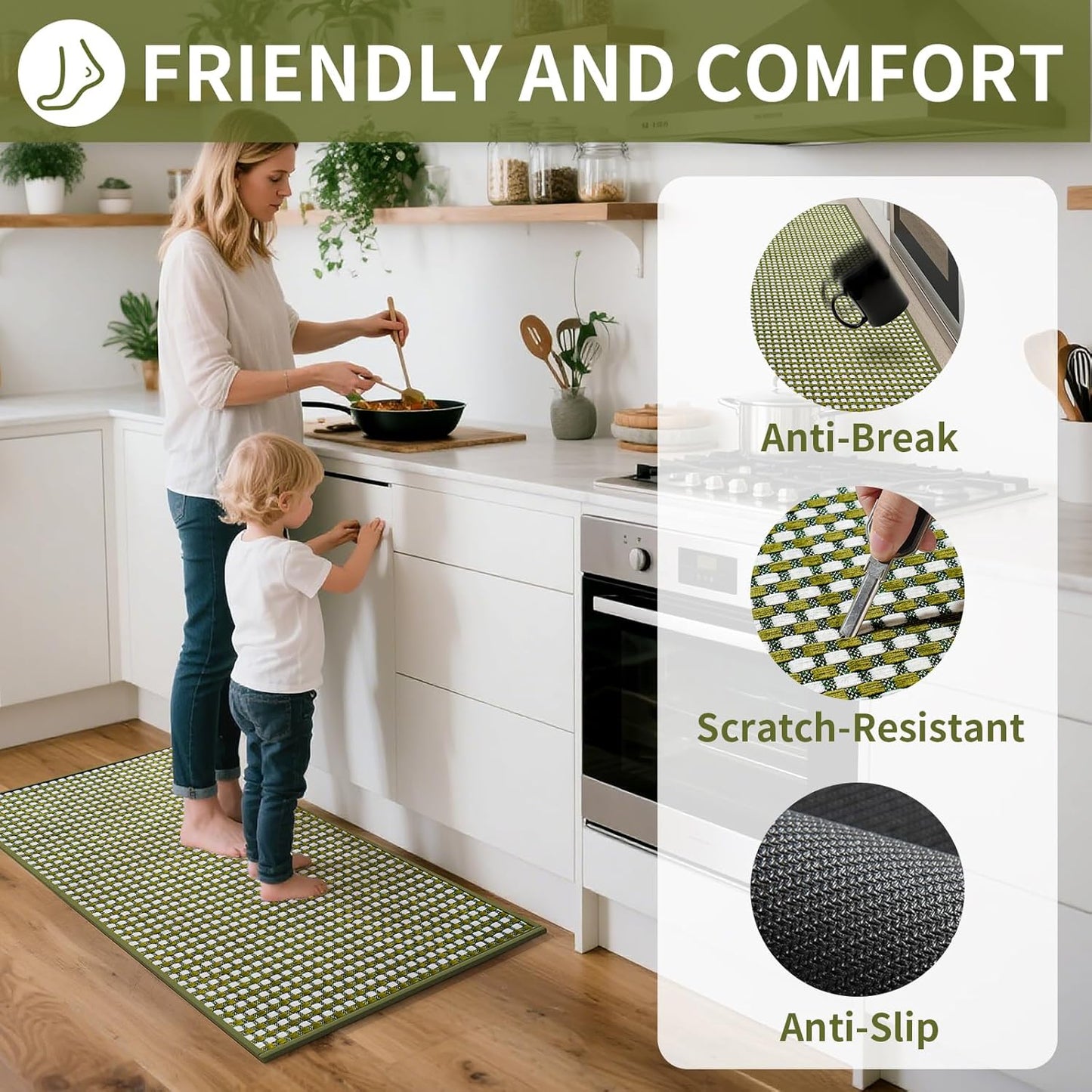 Kitchen Rugs Non Slip Washable, Rubber Backing Soft Chenille Braided Kitchen Mats for Floor, Super Absorbent Kitchen Runner Rug Standing Mat Sink Mat, Easy to Clean, Green 17"x47"