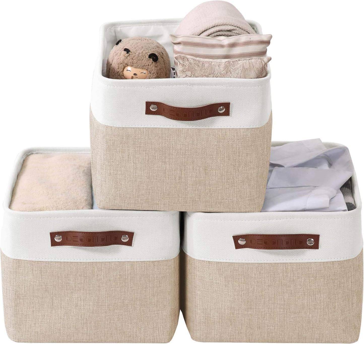 DECOMOMO Storage Baskets for Shelves - Fabric Storage Bins, Linen Closet Organizers and Storage (Beige & White, Large - 3 Pack)
