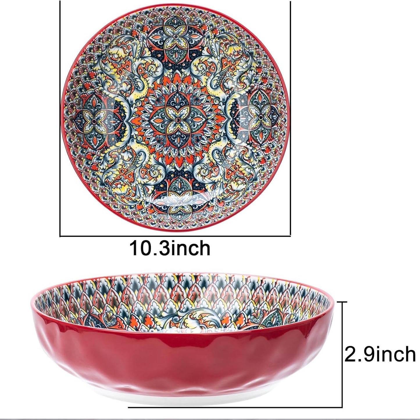 Large Serving Bowls, 75 Oz Fruit Salad Bowls Set of 2, Bohemian Style Large Porcelain Dishes for Entertaining Parties,Big Bowls for Salad, Pasta, Fruit, Chips, 10.3 Inch Diameter (green.red)