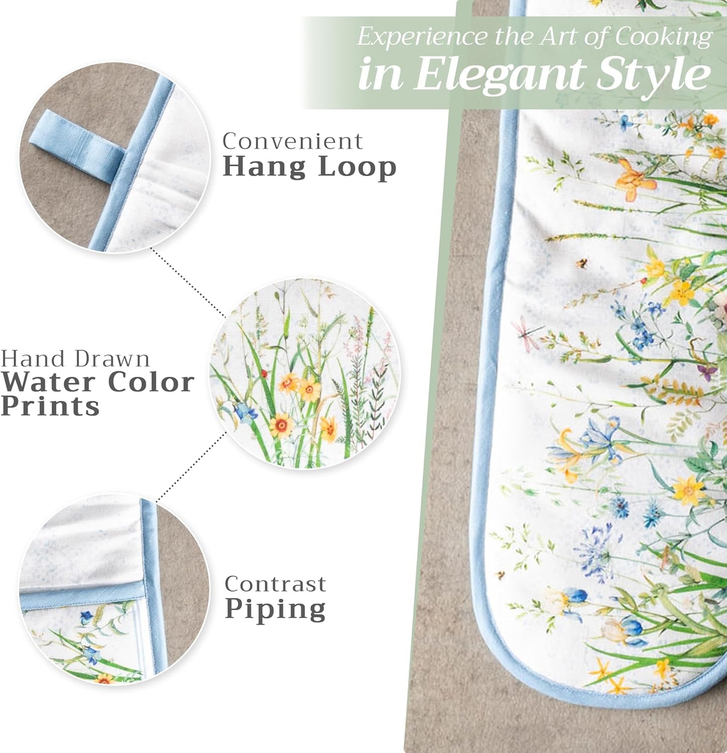 Maison d' Hermine Double Oven Mitts 100% Cotton 7"x35" Double Oven Mitt Heat Resistant BBQ Cooking Gloves with Loop, Baking, Grilling, Home, Kitchen, Handling Hot Pans Spring Summer (Fleurs De Mai)