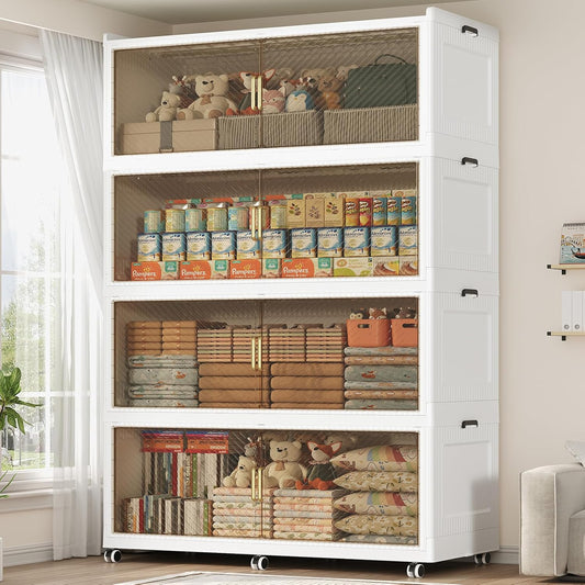 320 Gallon Extra Large Collapsible Storage Bin with Lid, 1280QT Stackable Plastic Organizer with 6x Wheels, Foldable Drawer Cabinet for Closet, Living Room Office Dorm 4Pack, White