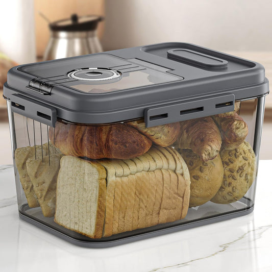 Bread Box, 10L Gray Airtight Braed Storage Container, Bread Box For Kitchen Countertop, Time Recording Bread Keeper with Lid, Flip-Top Bread Holder.