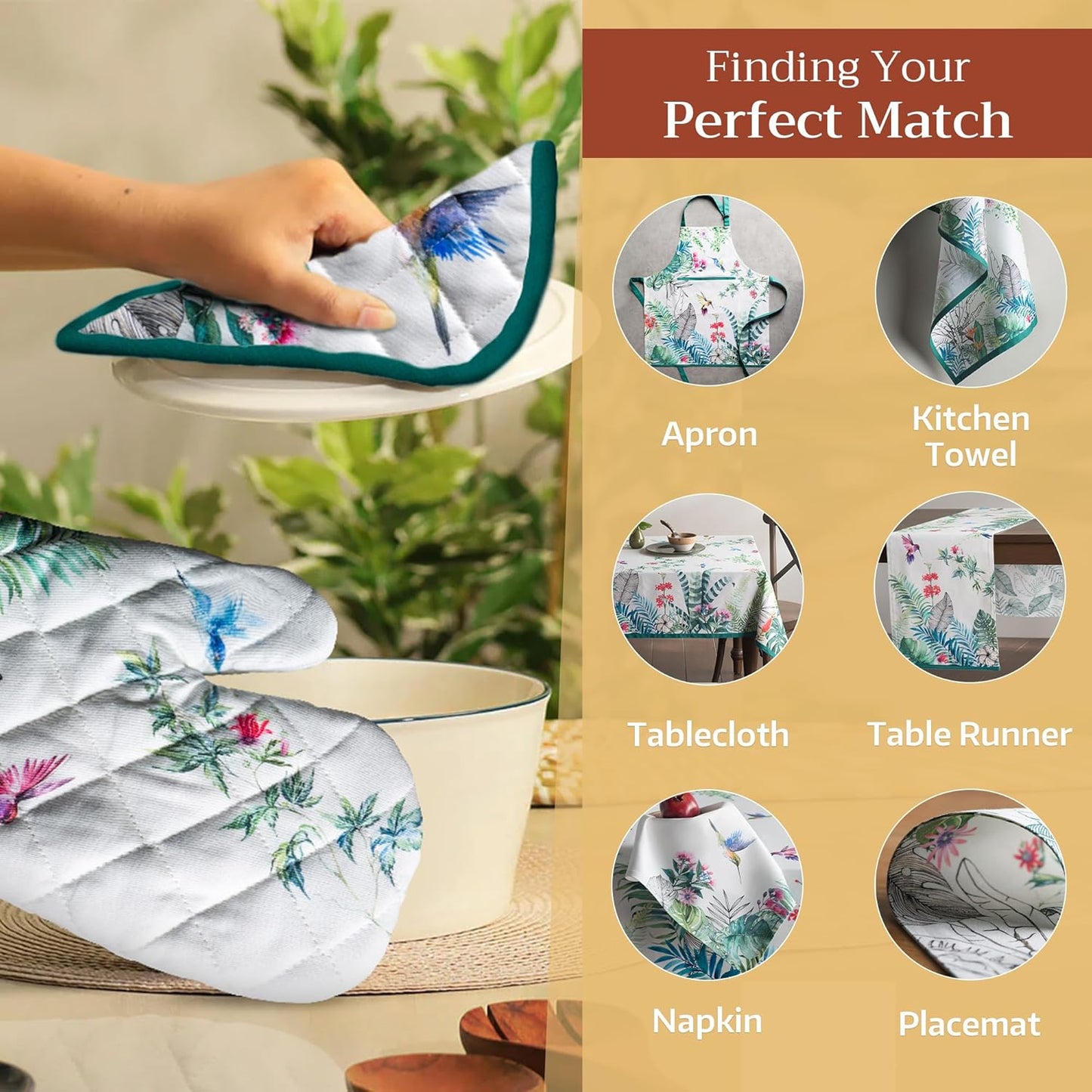 Maison d' Hermine Oven Gloves 100% Cotton Oven Mitt 7" x 13" with Loop Heat Resistant, BBQ, Cooking Gloves, Baking, Grilling, Kitchen, Handling Hot Pans Spring/Summer (Pack of 1, Tropiques)