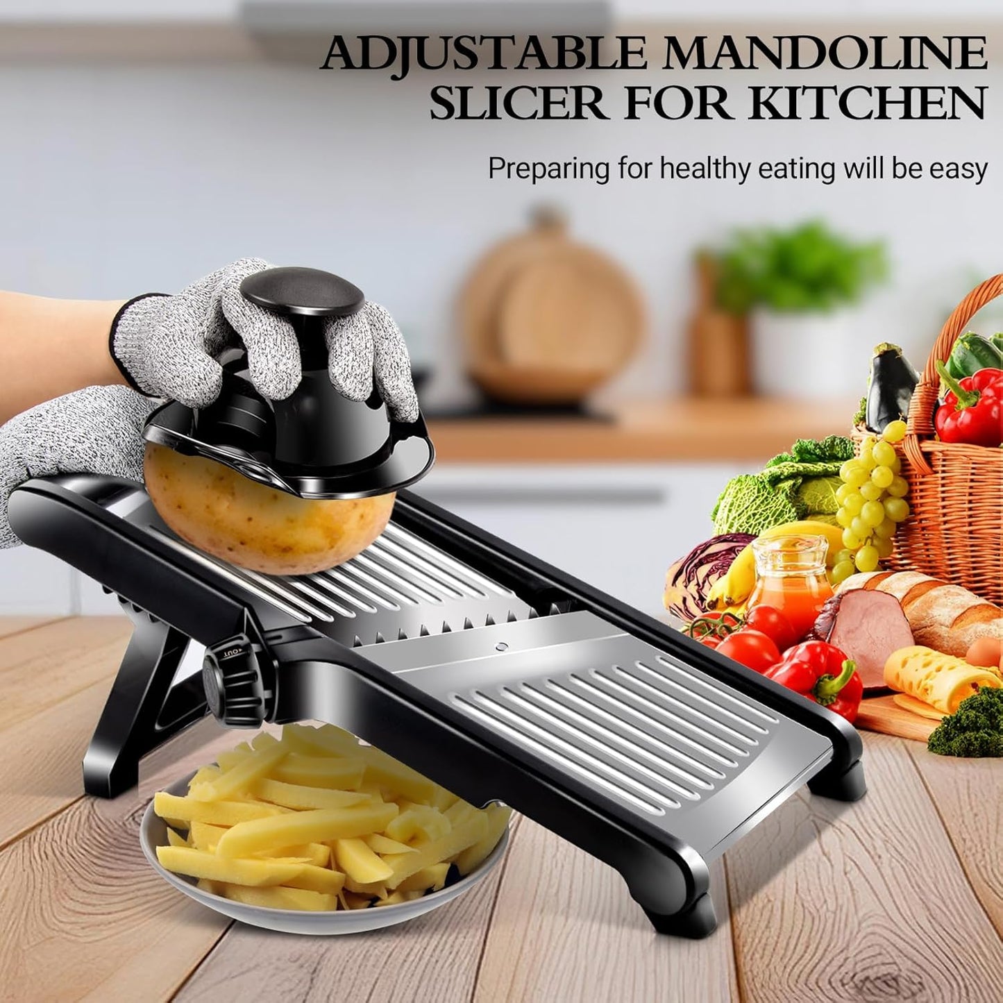Mandoline Slicer,Masthome Mandoline Food Slicer for Kitchen,Adjustable Mandolin Food Slicer, Potato Cutter,Vegetable Cutter,Onion Mandalins,French Fry Cutter Julienne Slicer-Send Cut Resistant Gloves