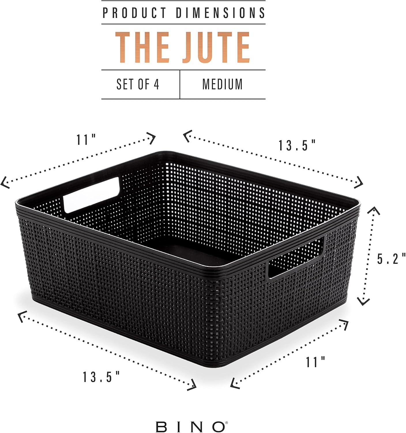 BINO | Woven Plastic Basket | Medium (Black), 4-Pack | THE JUTE COLLECTION | Home Organization, Space - Saving Storage, Stylish Design | Jute Basket | Plastic Storage Basket