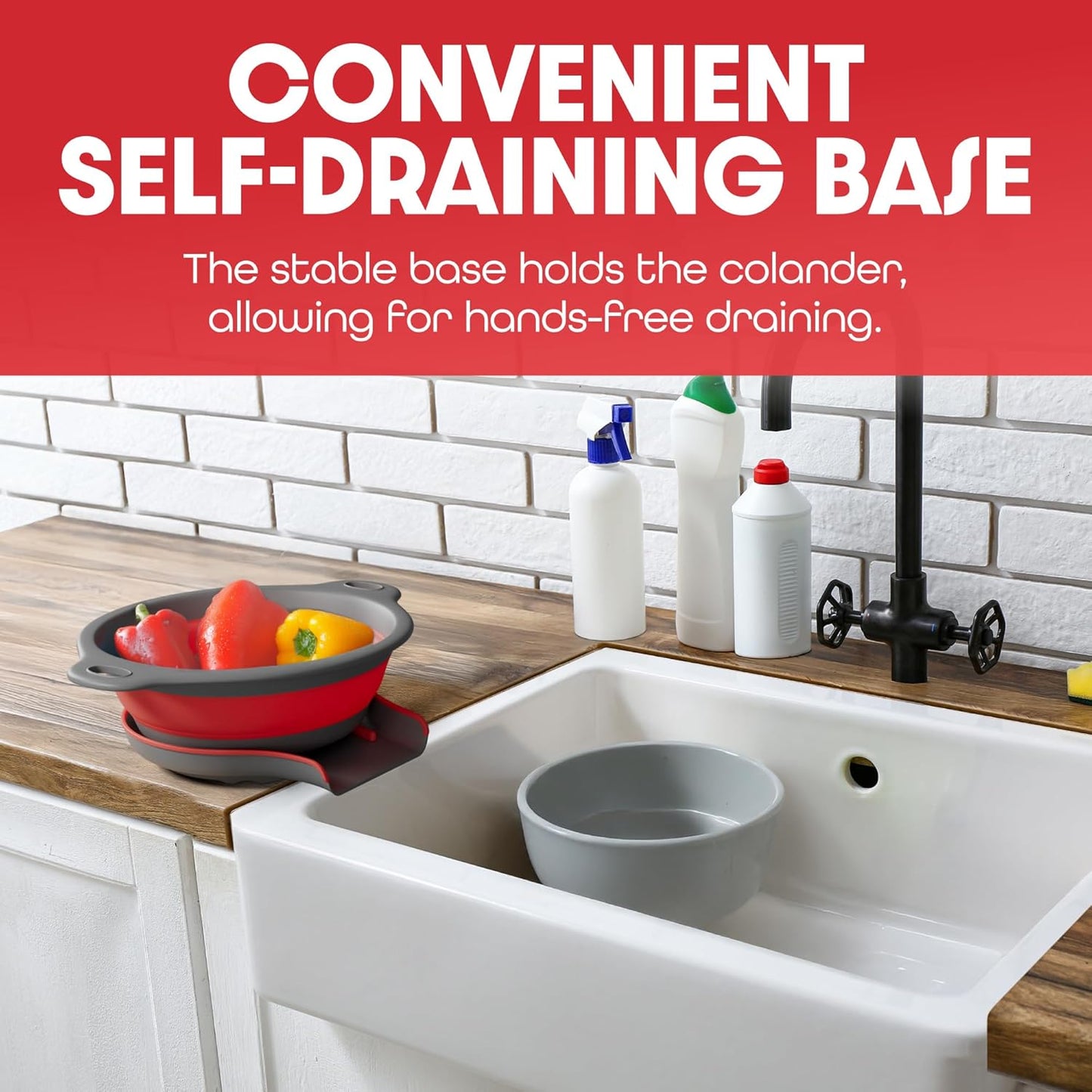 Strainer with Self-Draining Base (5QT) Over-Sink Collapsible Kitchen Colander Set with Side-drain Base for Pasta Vegetables and Fruit, XL Large Capacity, Dishwasher Safe (5-Quart) Red/Gray