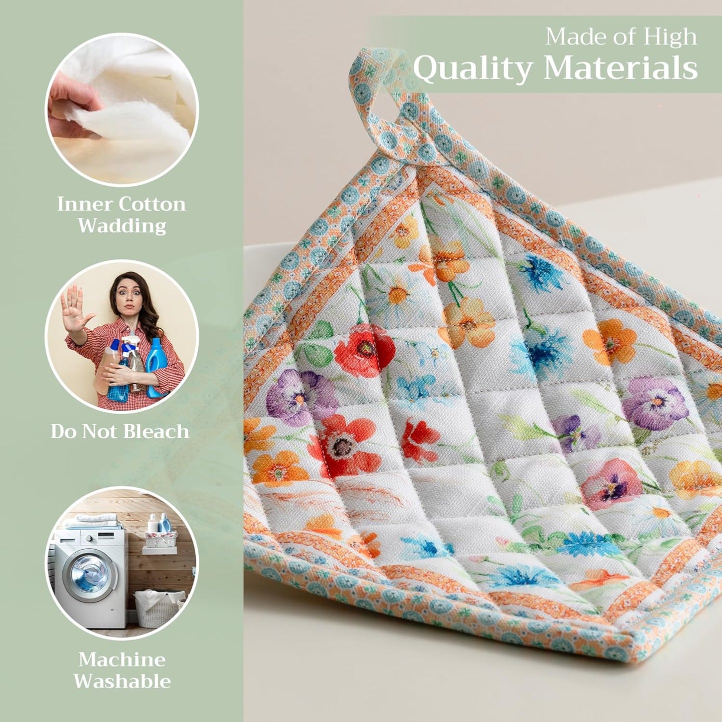 Maison d' Hermine Pot Holders Set 100% Cotton Heat Resistant Potholders 8" x 8" Hot Pads with Loop BBQ, Cooking, Baking, Grilling, Kitchen, Handling Hot Pans Spring/Summer (Pack of 2, Summer Whisper)