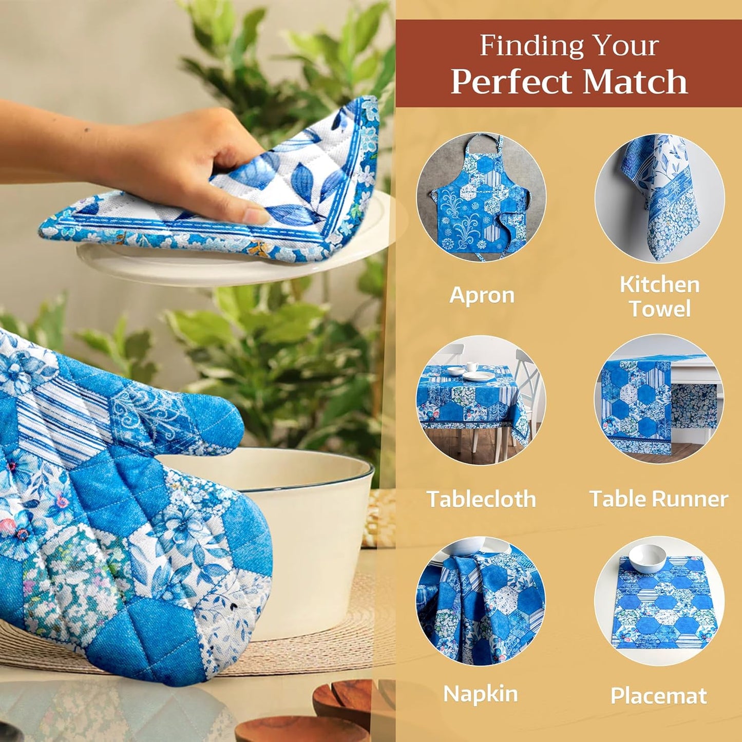 Maison d' Hermine 100% Cotton Oven Mitt & Pot Holder Set (7.5"x13" & 8"x8") Heat Resistant BBQ Cooking Gloves with Loop, Baking, Grilling, Kitchen, Handling Hot Pans Spring/Summer (Summer Blues)